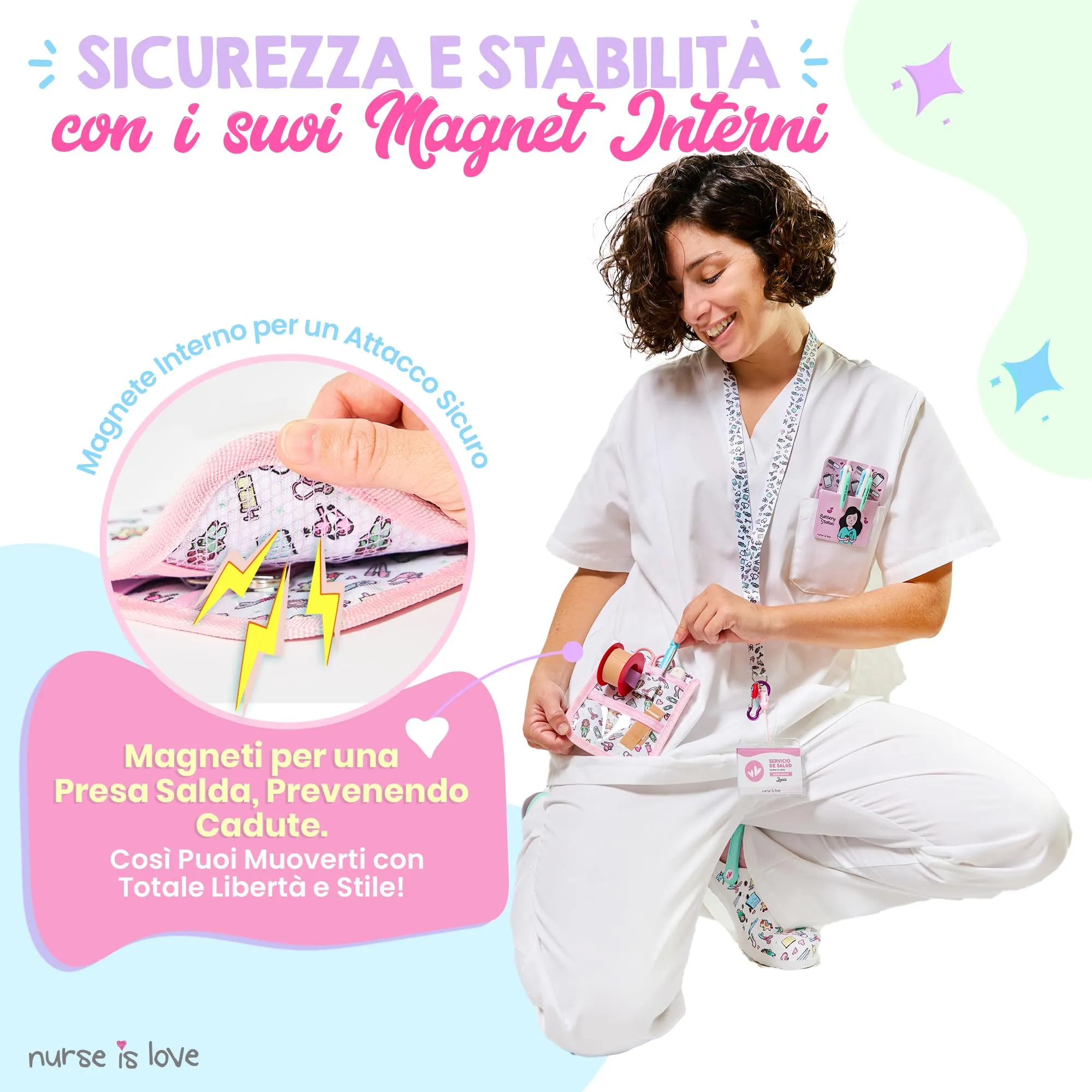 Nurse is Love Organizer da taschino magnetico per divisa sanitaria, Floreale, Rosa - immagine 4