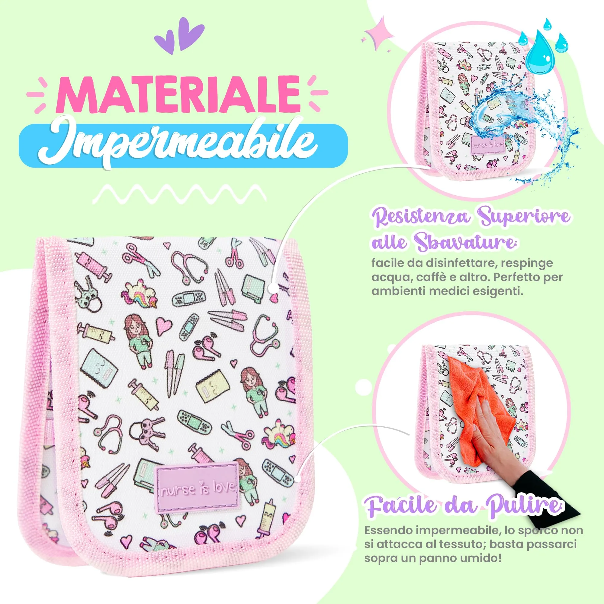Nurse is Love Organizer da taschino magnetico per divisa sanitaria, Floreale, Rosa - immagine 5