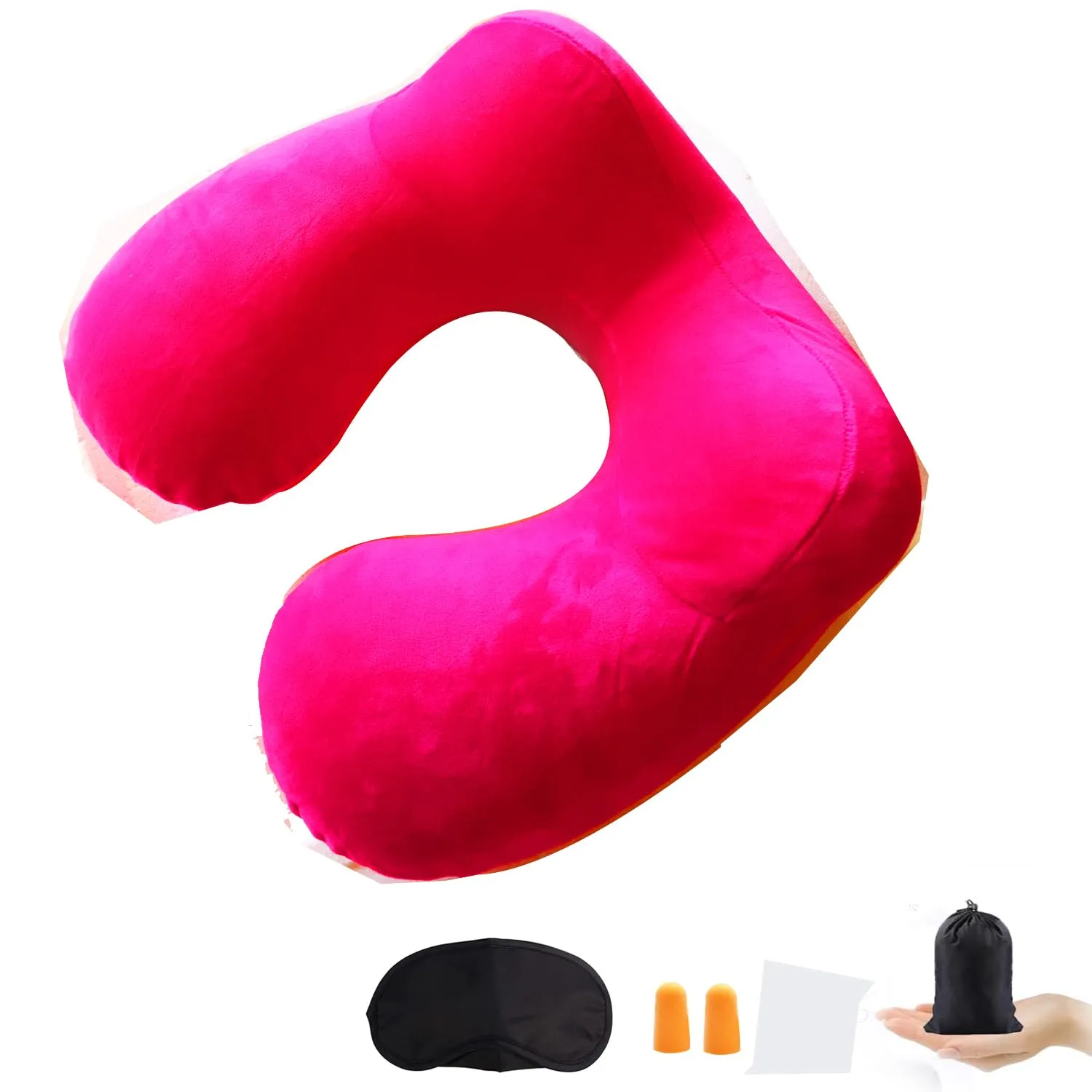 Constefire Cuscino da Viaggio Gonfiabile Ergonomico con Tappi per le Orecchie e Maschera per gli Occhi (Rosso) - immagine 1
