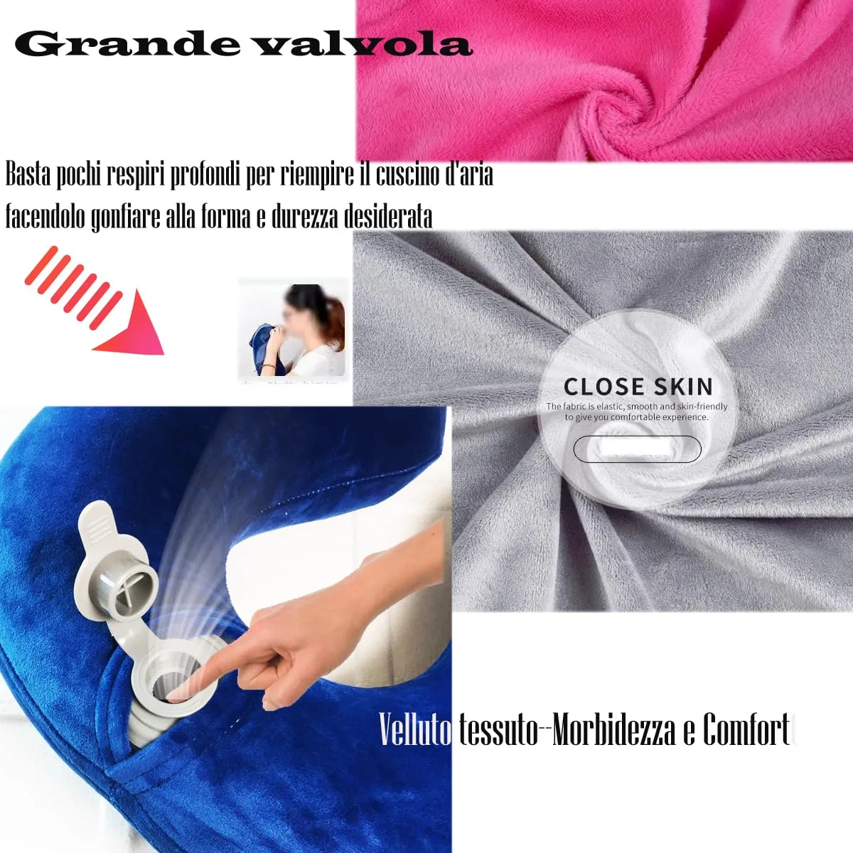 Constefire Cuscino da Viaggio Gonfiabile Ergonomico con Tappi per le Orecchie e Maschera per gli Occhi (Rosso) - immagine 3