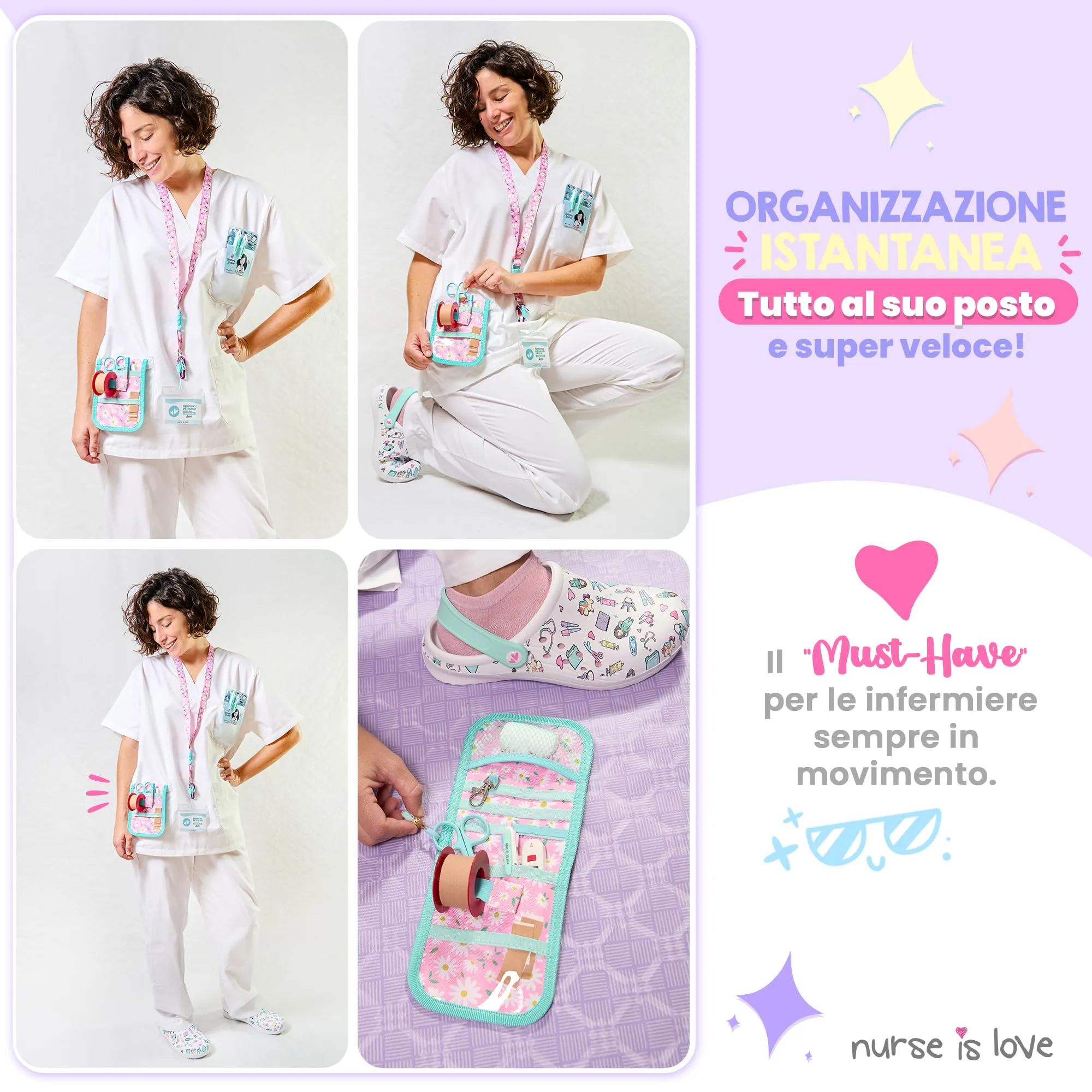 Nurse is Love Organizer da taschino magnetico per divisa sanitaria, Floreale, Turchese Margherite - immagine 2