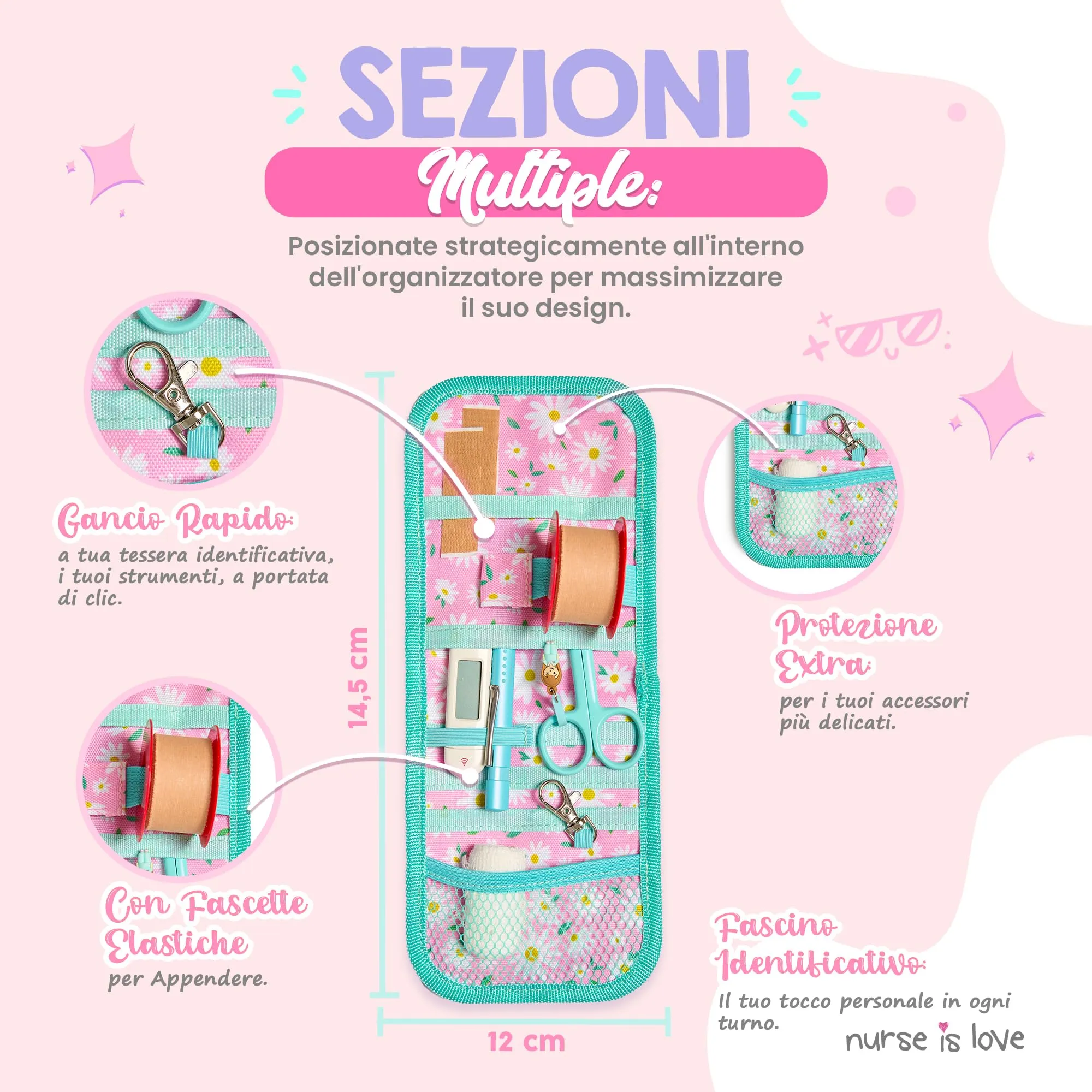 Nurse is Love Organizer da taschino magnetico per divisa sanitaria, Floreale, Turchese Margherite - immagine 3