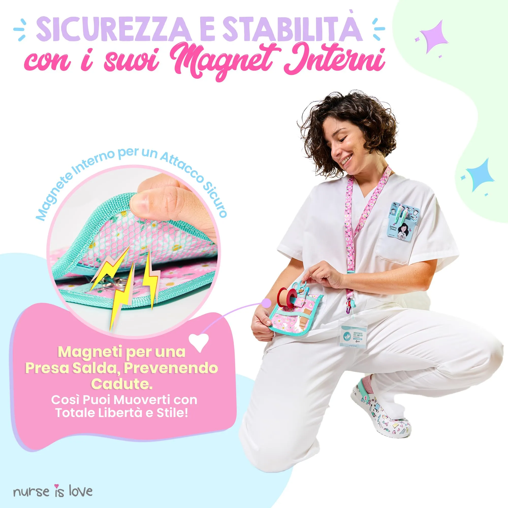 Nurse is Love Organizer da taschino magnetico per divisa sanitaria, Floreale, Turchese Margherite - immagine 4