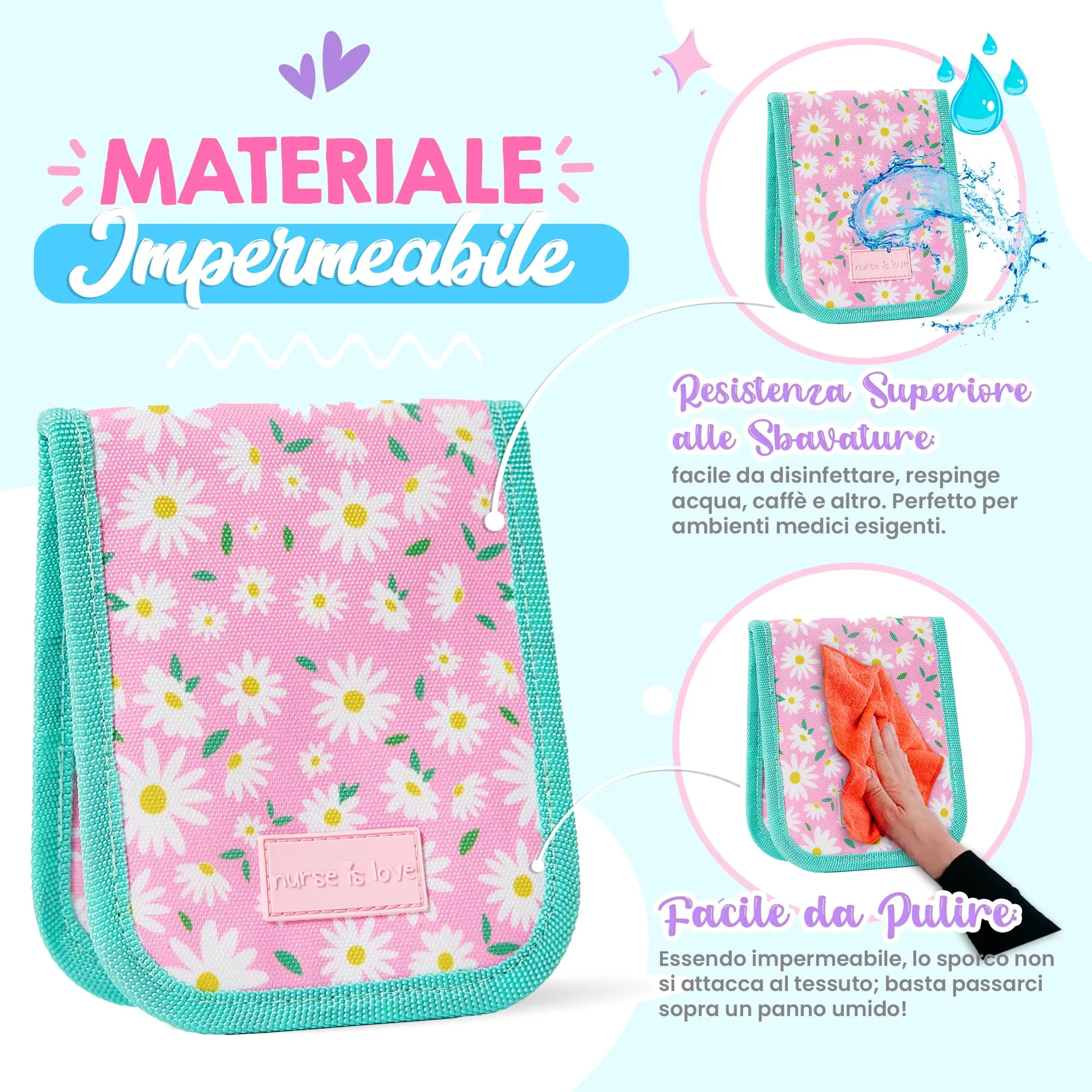 Nurse is Love Organizer da taschino magnetico per divisa sanitaria, Floreale, Turchese Margherite - immagine 5