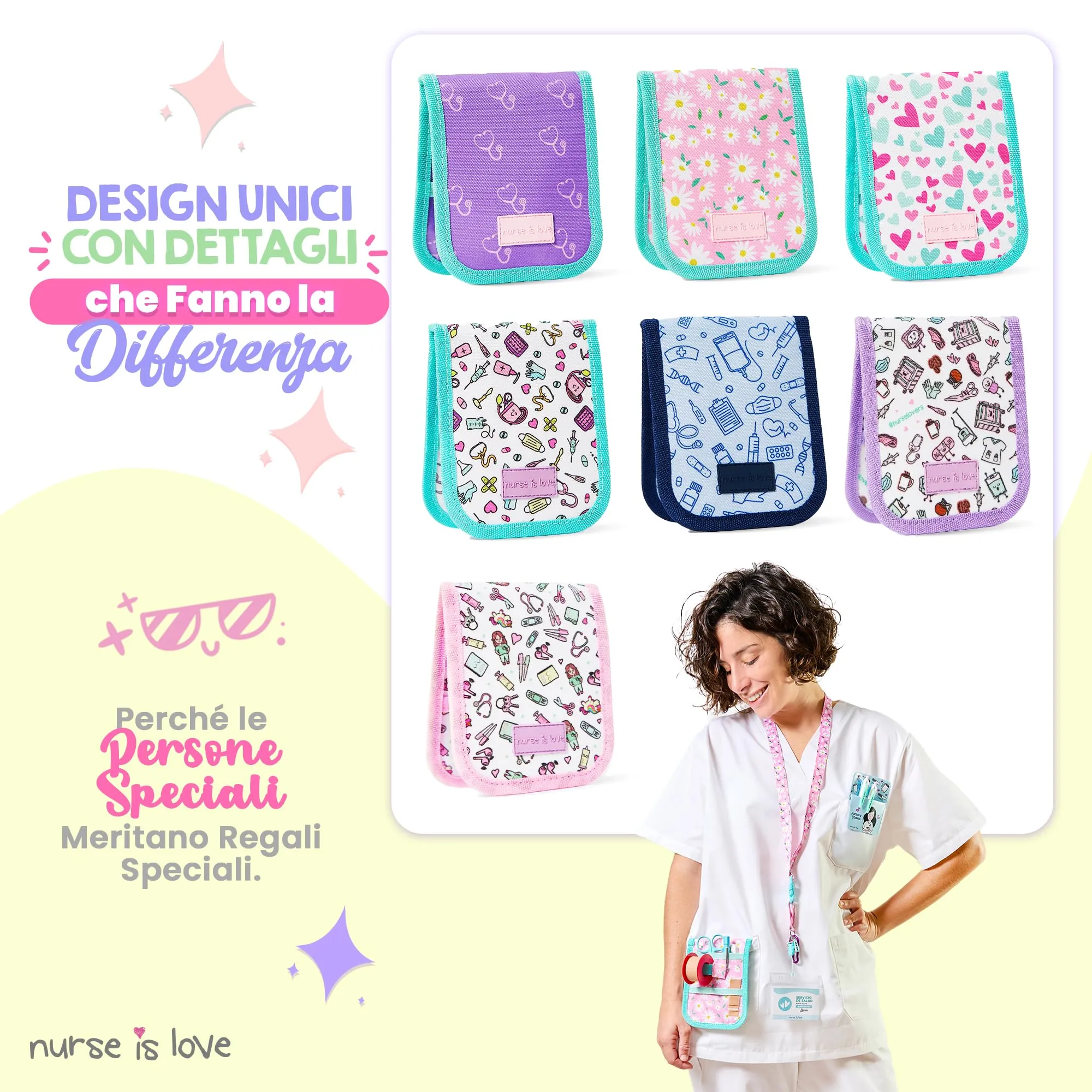 Nurse is Love Organizer da taschino magnetico per divisa sanitaria, Floreale, Turchese Margherite - immagine 7