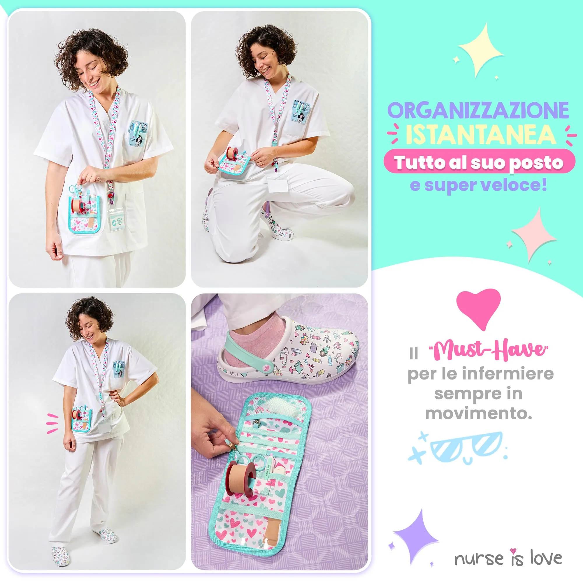 Nurse is Love Organizer da taschino magnetico per divisa sanitaria - Turchese Cuori - immagine 2