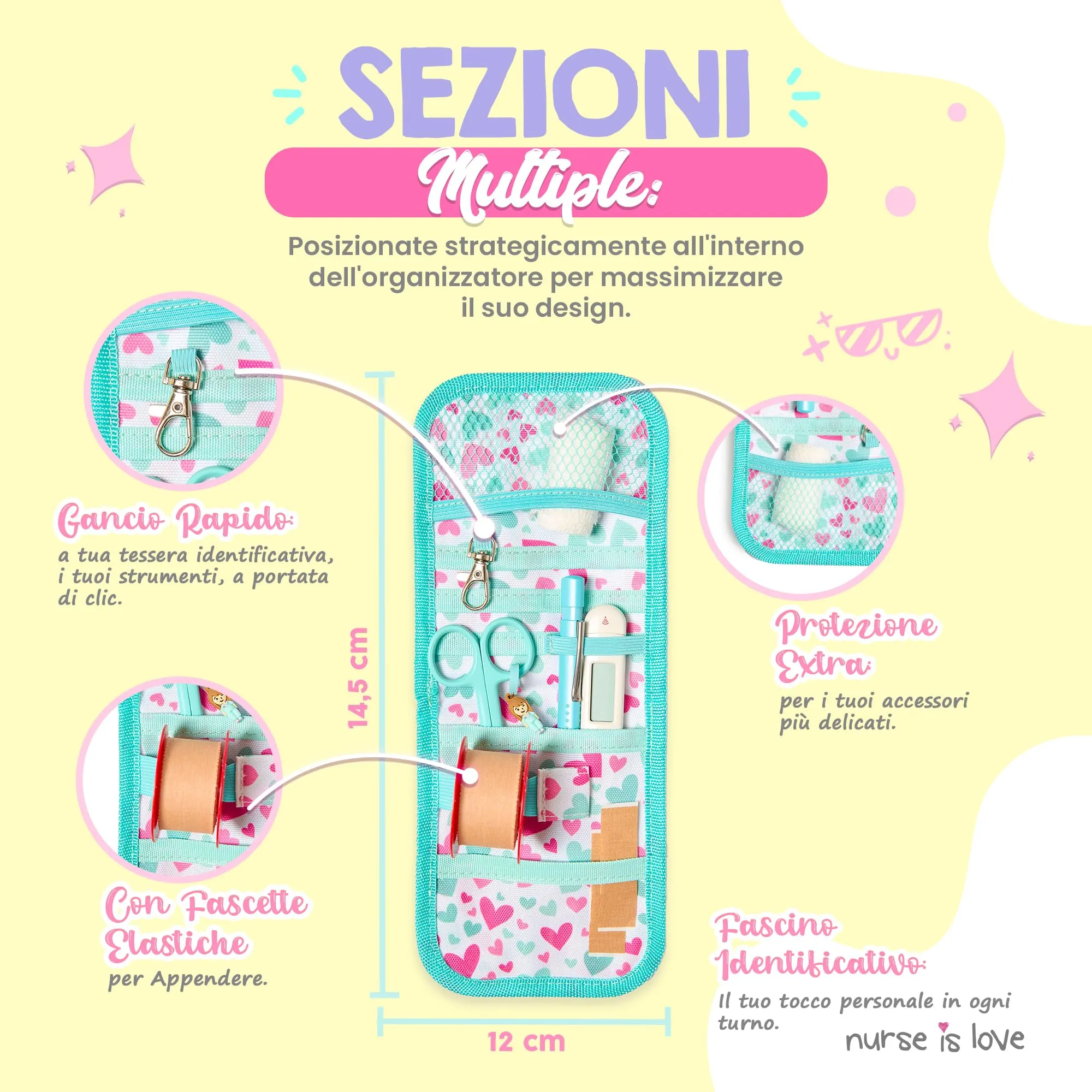 Nurse is Love Organizer da taschino magnetico per divisa sanitaria - Turchese Cuori - immagine 3