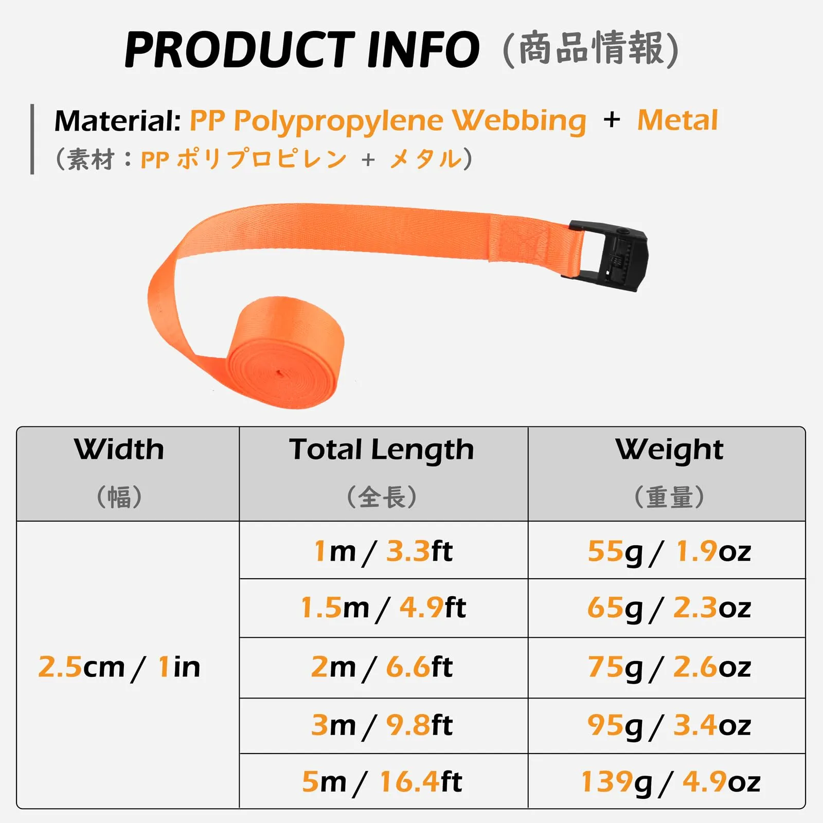 TRIWONDER Cinghia di tensione, 25 mm, 200 kg, arancione, 1 m, 4 pezzi - immagine 2