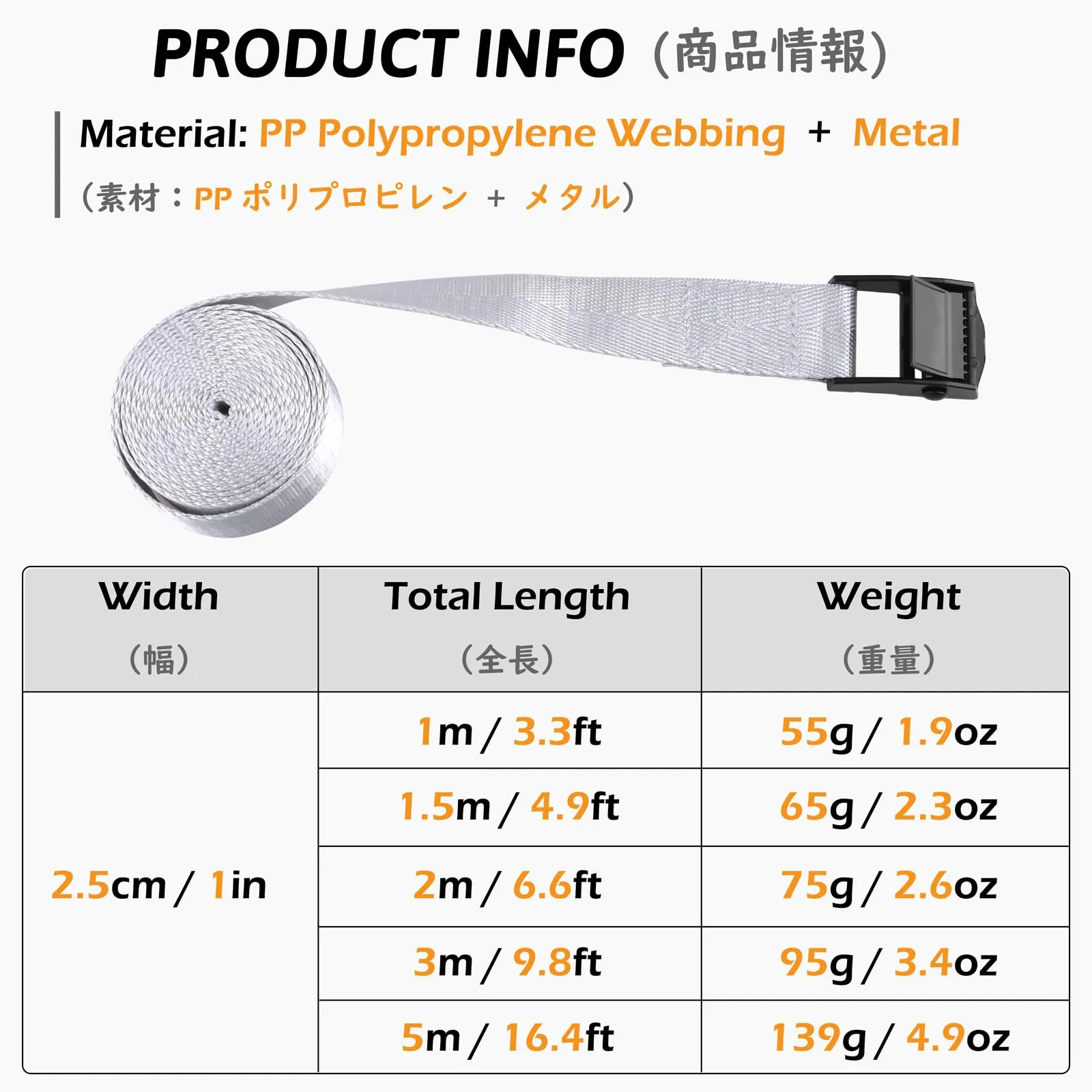 TRIWONDER Cinghia di tensione, 25 mm, 200 kg, grigio, 1 m, 4 pezzi - immagine 2