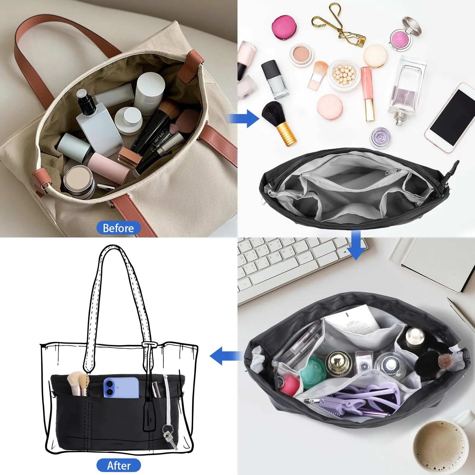 Cozary Organizzatore per Borsa in Nylon, 12 Tasche, 26x10x14 cm, Nero - immagine 5