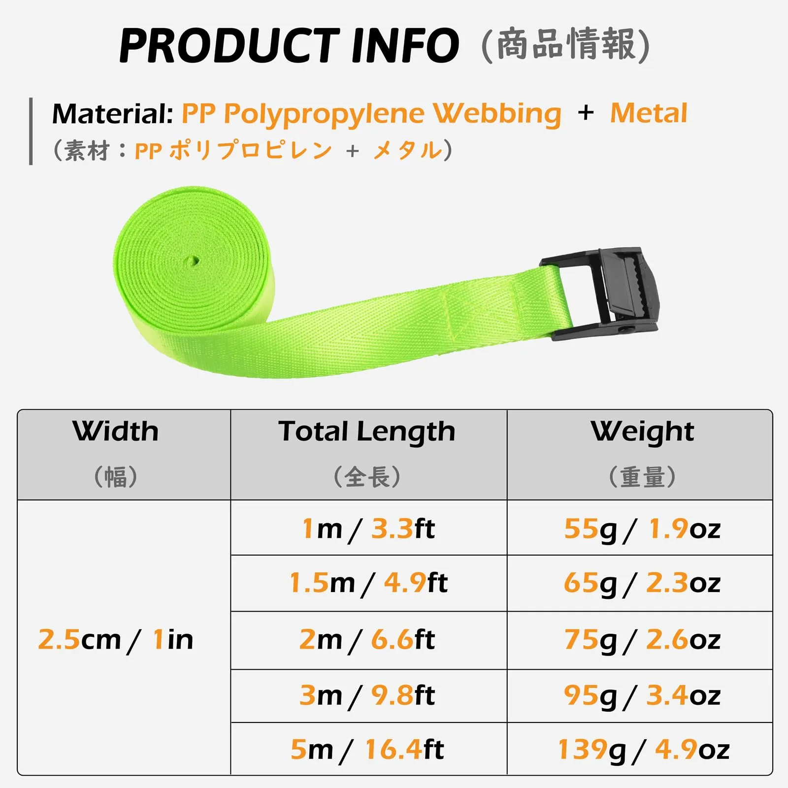 TRIWONDER Cinghia di tensione, 25 mm, portata 200 kg, regolabile, antiruggine, verde chiaro, 1,5 m, 4 pezzi - immagine 2