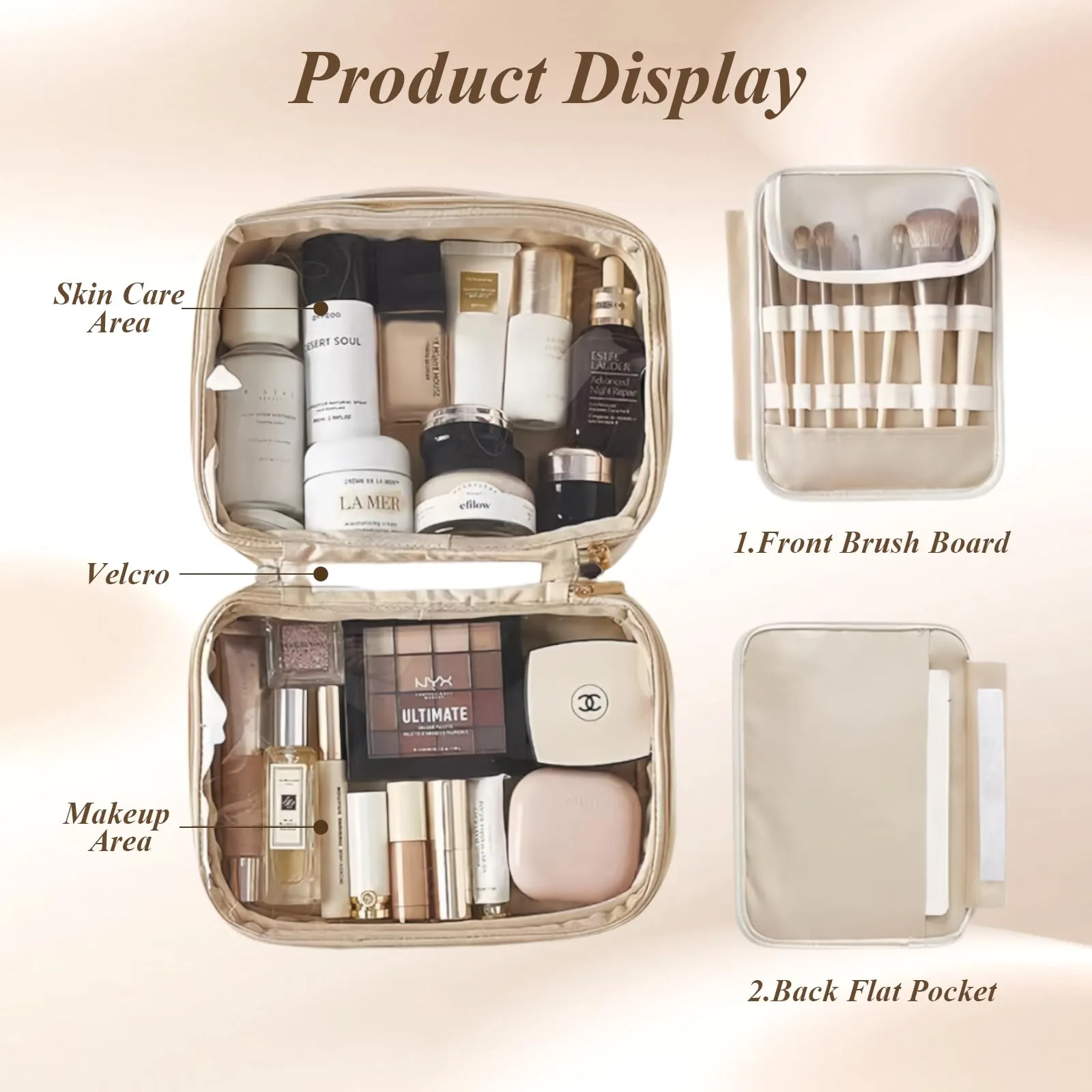 Aucuu Beauty Case in Pelle PU Impermeabile con Scomparti per Pennelli Rimovibili, Organizer per Cosmetici, 25x11.5x18.5cm - immagine 3