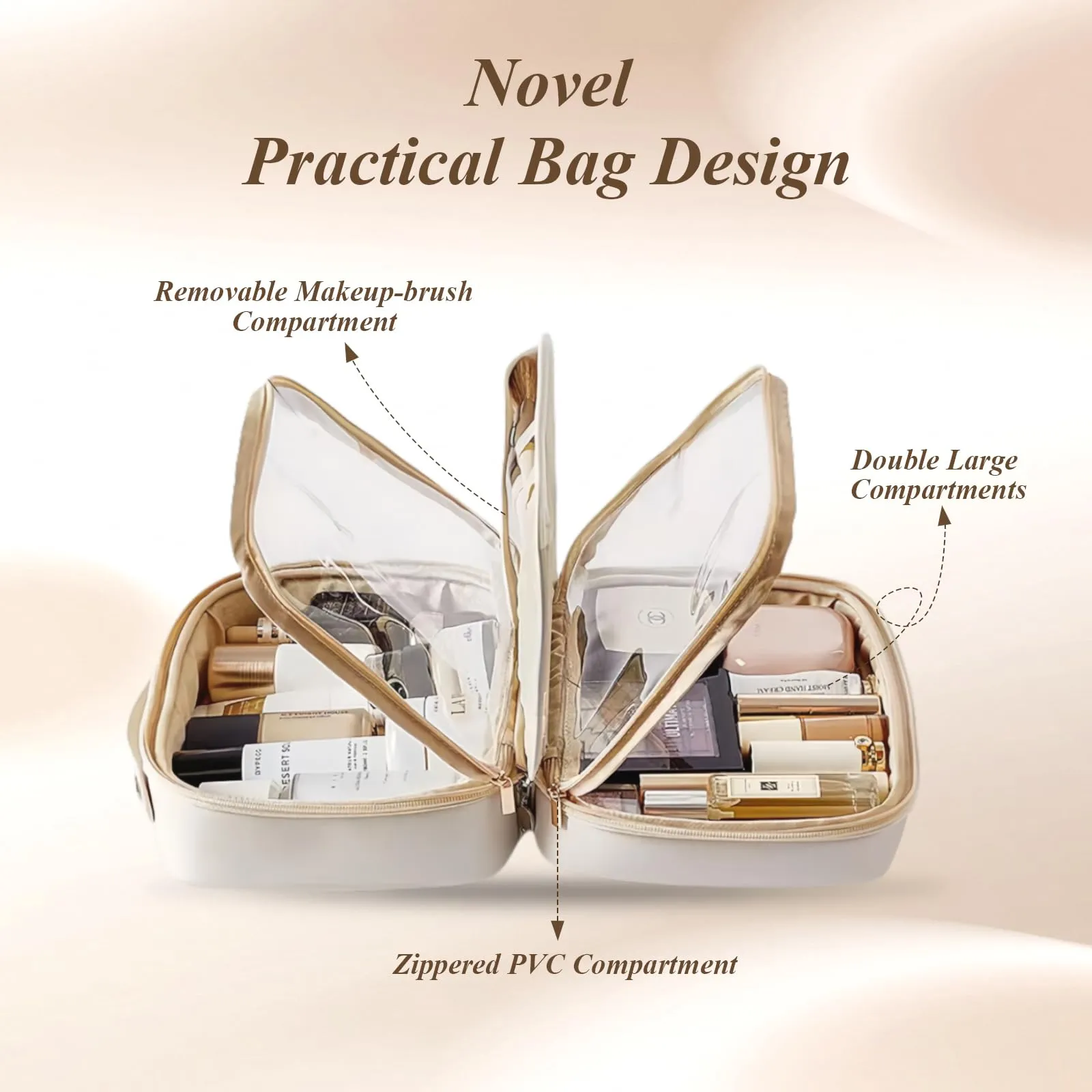 Aucuu Beauty Case in Pelle PU Impermeabile con Scomparti per Pennelli Rimovibili, Organizer per Cosmetici, 25x11.5x18.5cm - immagine 4