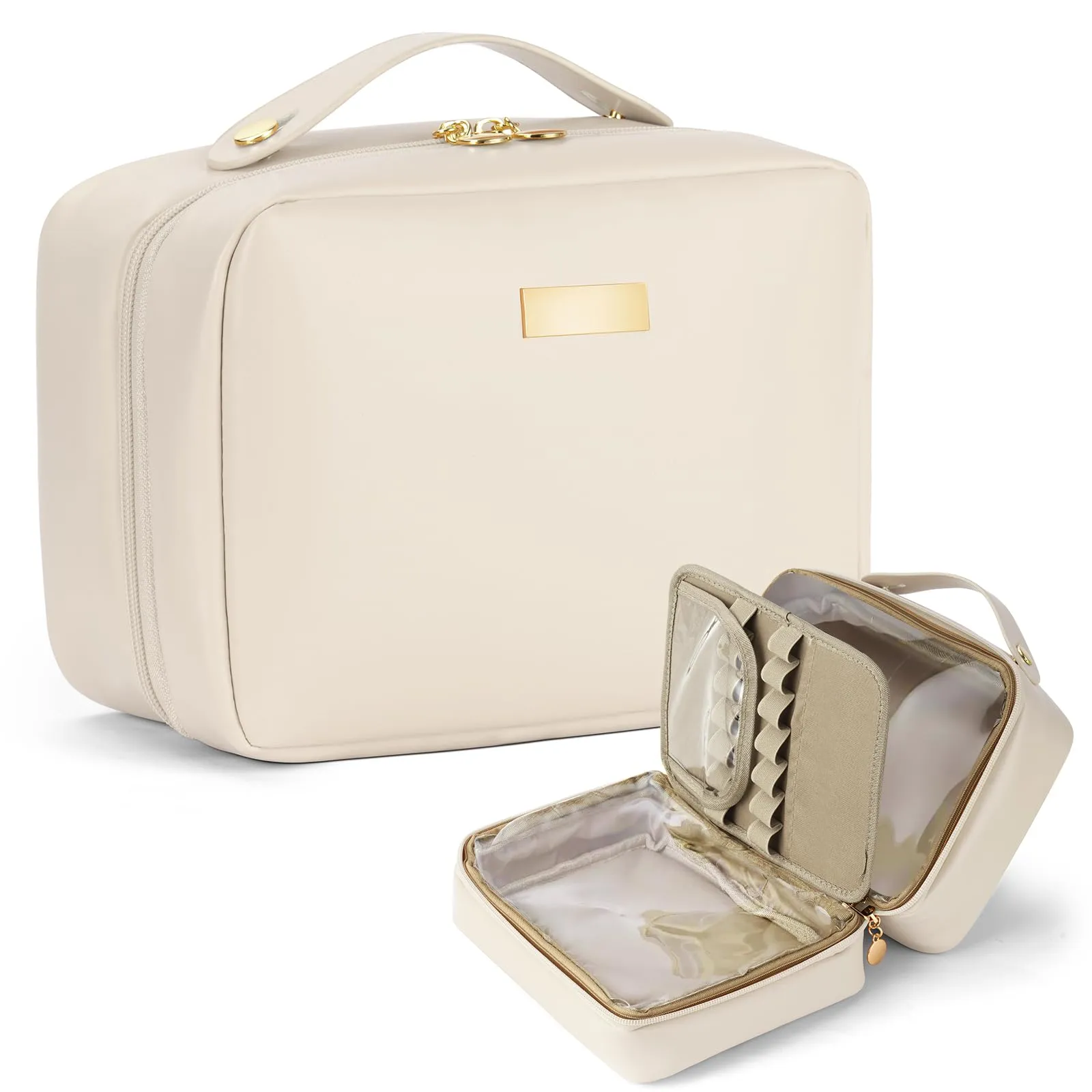 Aucuu Beauty Case in Pelle PU Impermeabile, Borsa per Trucchi e Cosmetici con Scomparti per Pennelli Rimovibili, 25x11.5x18.5cm - immagine 1