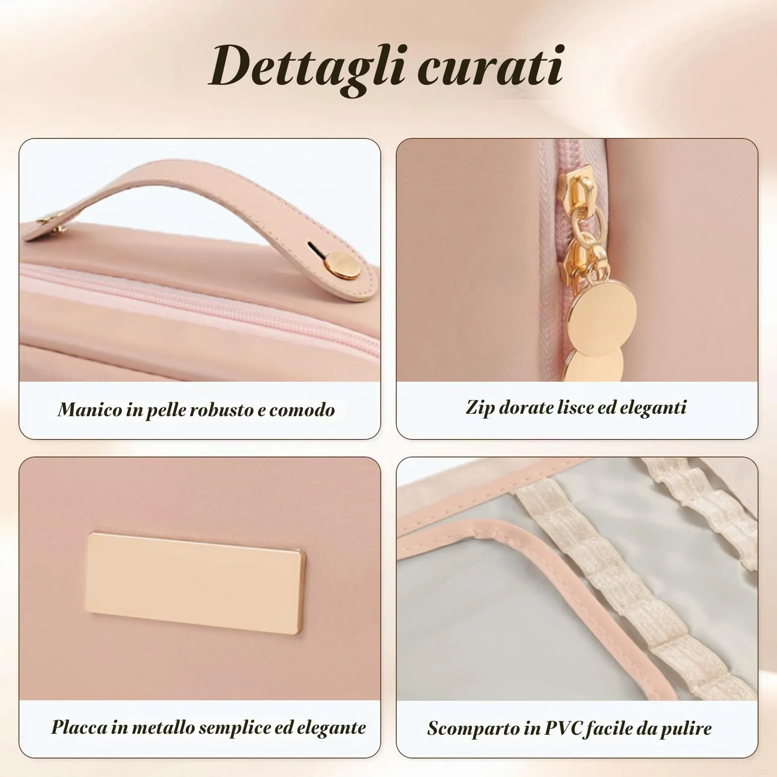 Aucuu Beauty Case in Pelle PU Impermeabile, Borsa per Trucchi e Cosmetici con Scomparti per Pennelli Rimovibili, 25x11.5x18.5cm - immagine 5
