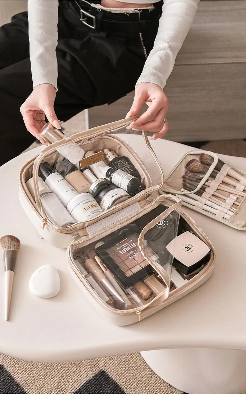 Aucuu Beauty Case in Pelle PU Impermeabile, Borsa per Trucchi e Cosmetici con Scomparti per Pennelli Rimovibili, 25x11.5x18.5cm - immagine 7