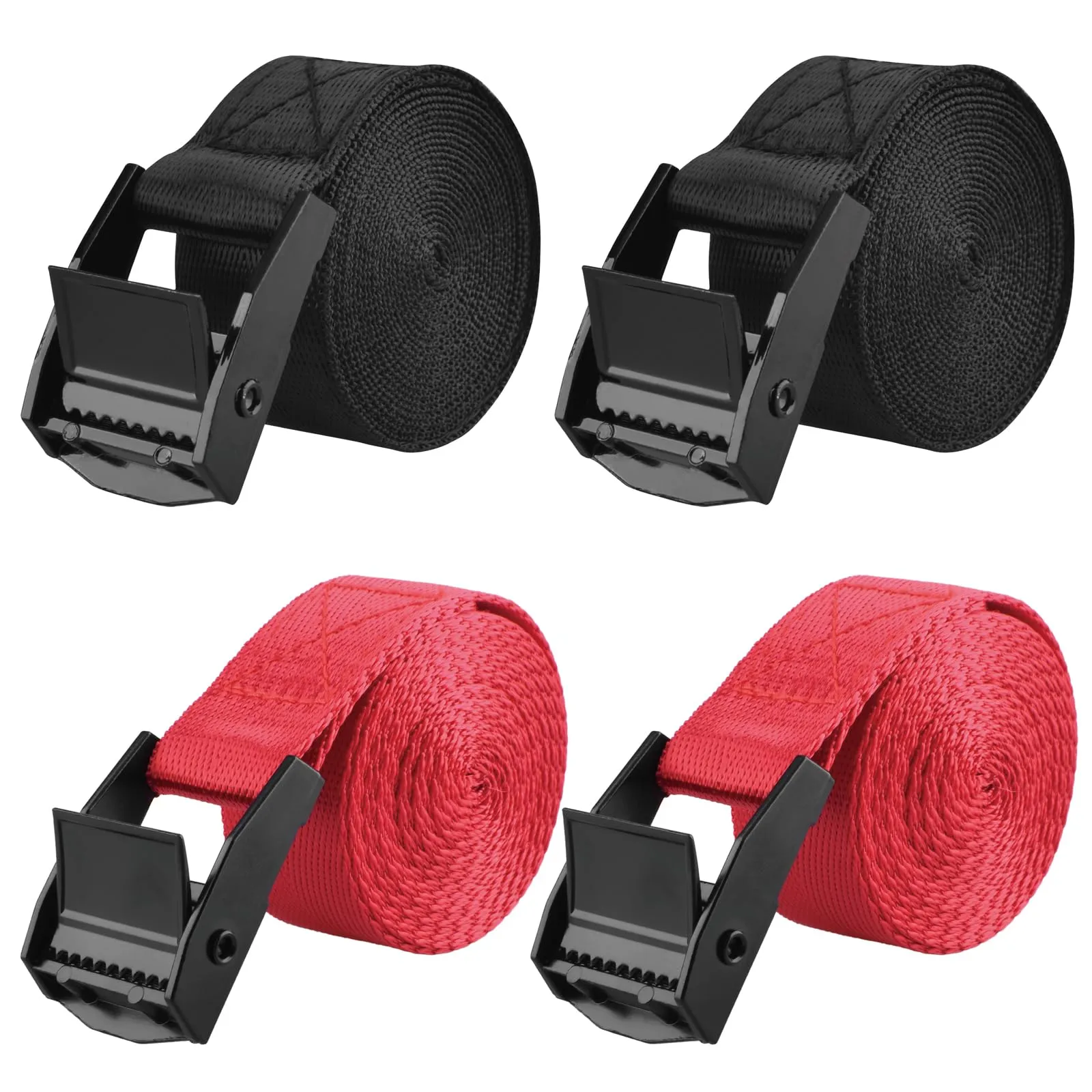 TRIWONDER Cinghia di ancoraggio 25 mm con fibbia per moto auto e bagagli, 2 m, Nero e Rosso, 4 pezzi - immagine 1