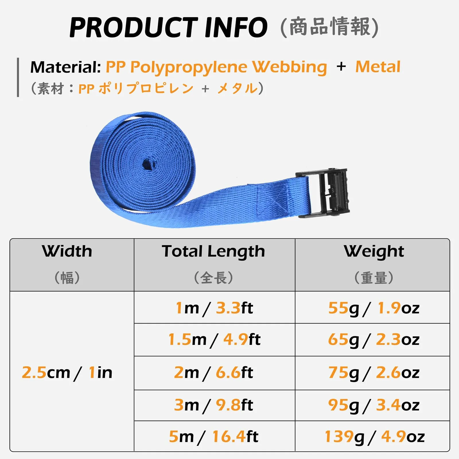 TRIWONDER Fasce di fissaggio in nylon con fibbia a camma, 5 m x 2,5 cm, Blu (4 Pezzi) - immagine 2
