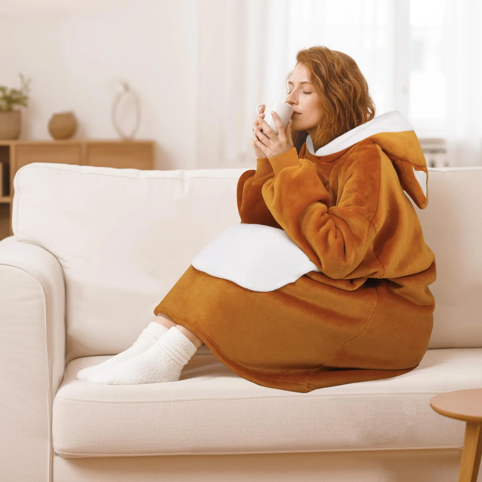 Queenshin Felpa Coperta Indossabile con Cappuccio Cane Giallo, Pile Sherpa Oversize per Donna e Uomo - immagine 2