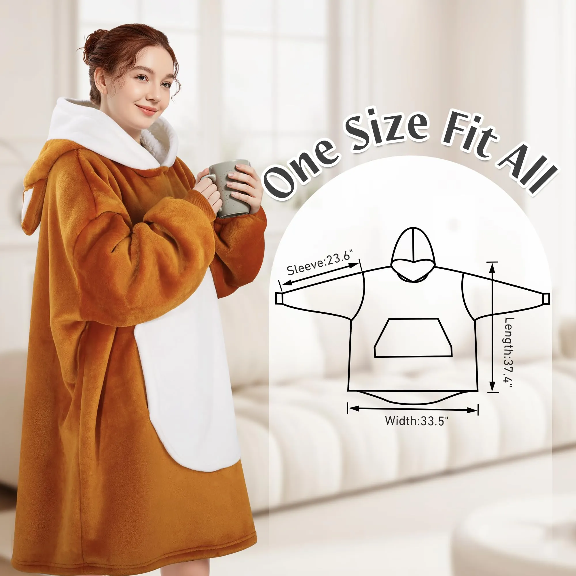 Queenshin Felpa Coperta Indossabile con Cappuccio Cane Giallo, Pile Sherpa Oversize per Donna e Uomo - immagine 3