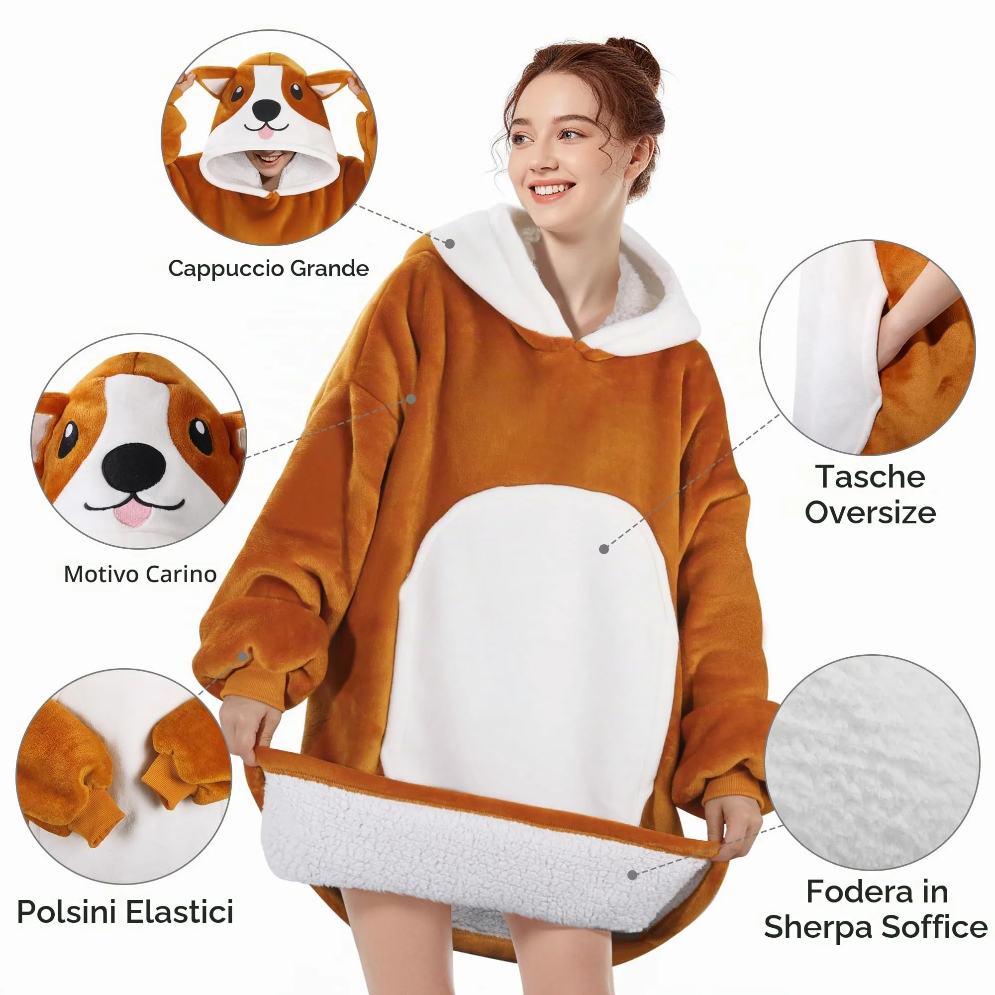Queenshin Felpa Coperta Indossabile con Cappuccio Cane Giallo, Pile Sherpa Oversize per Donna e Uomo - immagine 4