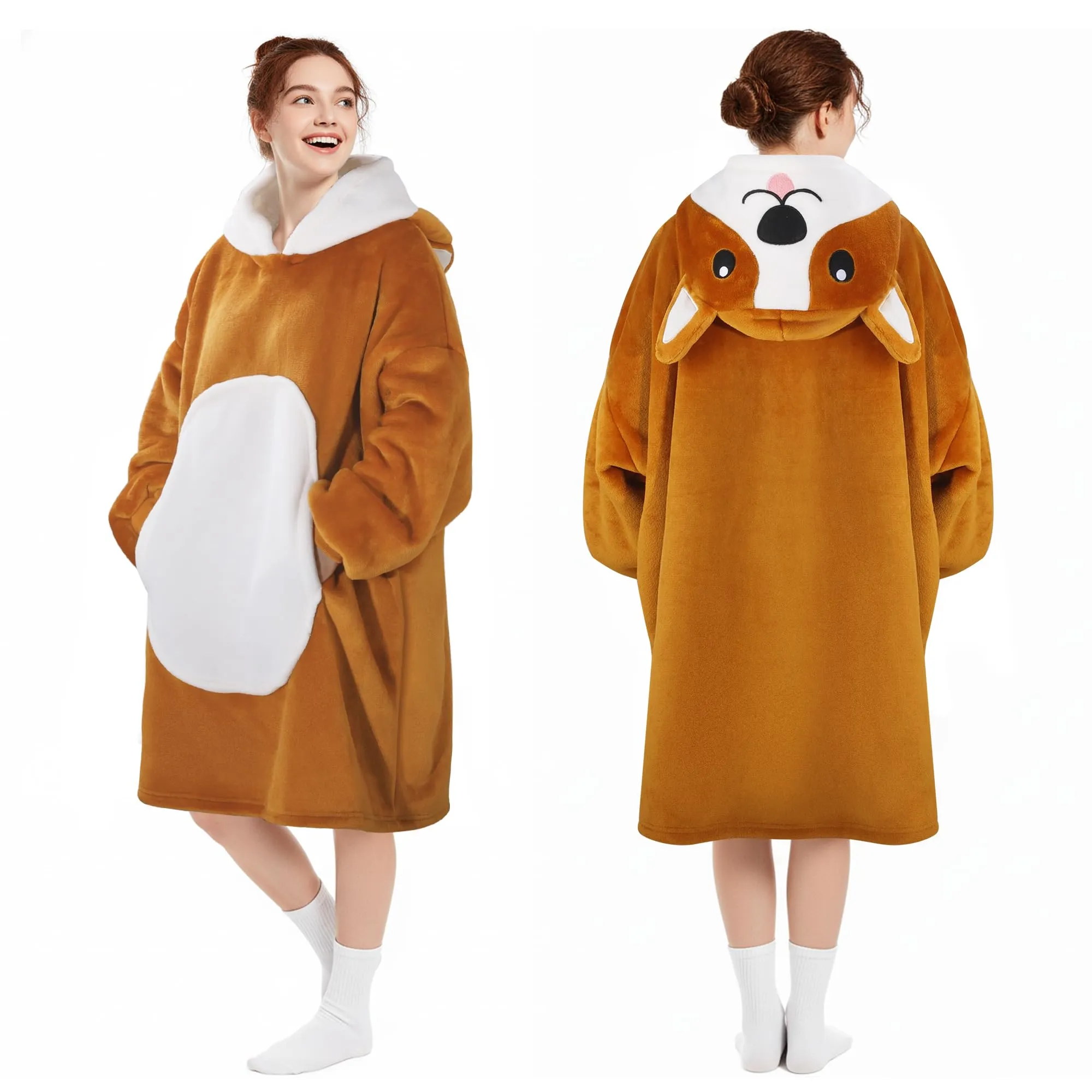 Queenshin Felpa Coperta Indossabile con Cappuccio Cane Giallo, Pile Sherpa Oversize per Donna e Uomo - immagine 5