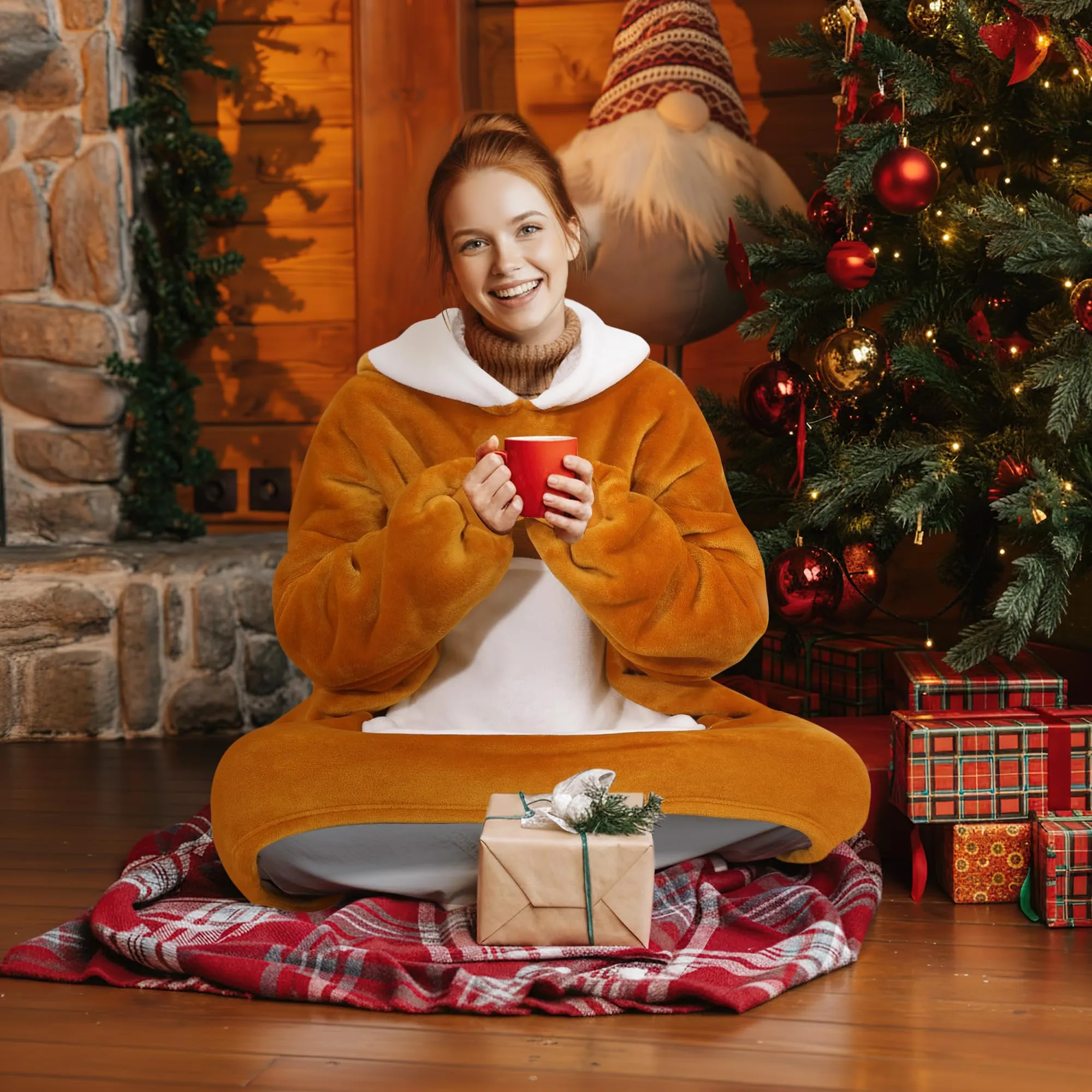 Queenshin Felpa Coperta Indossabile con Cappuccio Cane Giallo, Pile Sherpa Oversize per Donna e Uomo - immagine 7