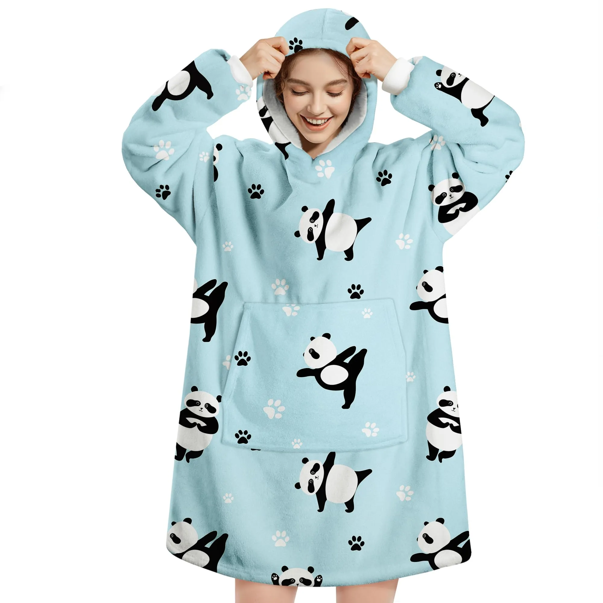 Queenshin Felpa Coperta Indossabile con Cappuccio Panda Blu, Poncho in Pile Sherpa Oversize per Donna e Uomo - immagine 1