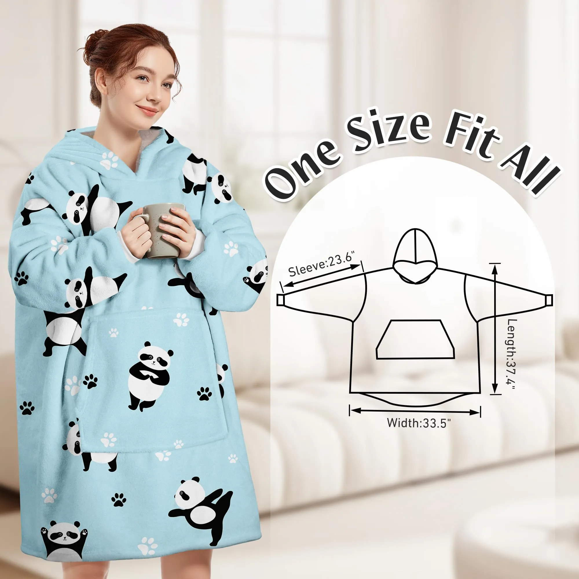 Queenshin Felpa Coperta Indossabile con Cappuccio Panda Blu, Poncho in Pile Sherpa Oversize per Donna e Uomo - immagine 3