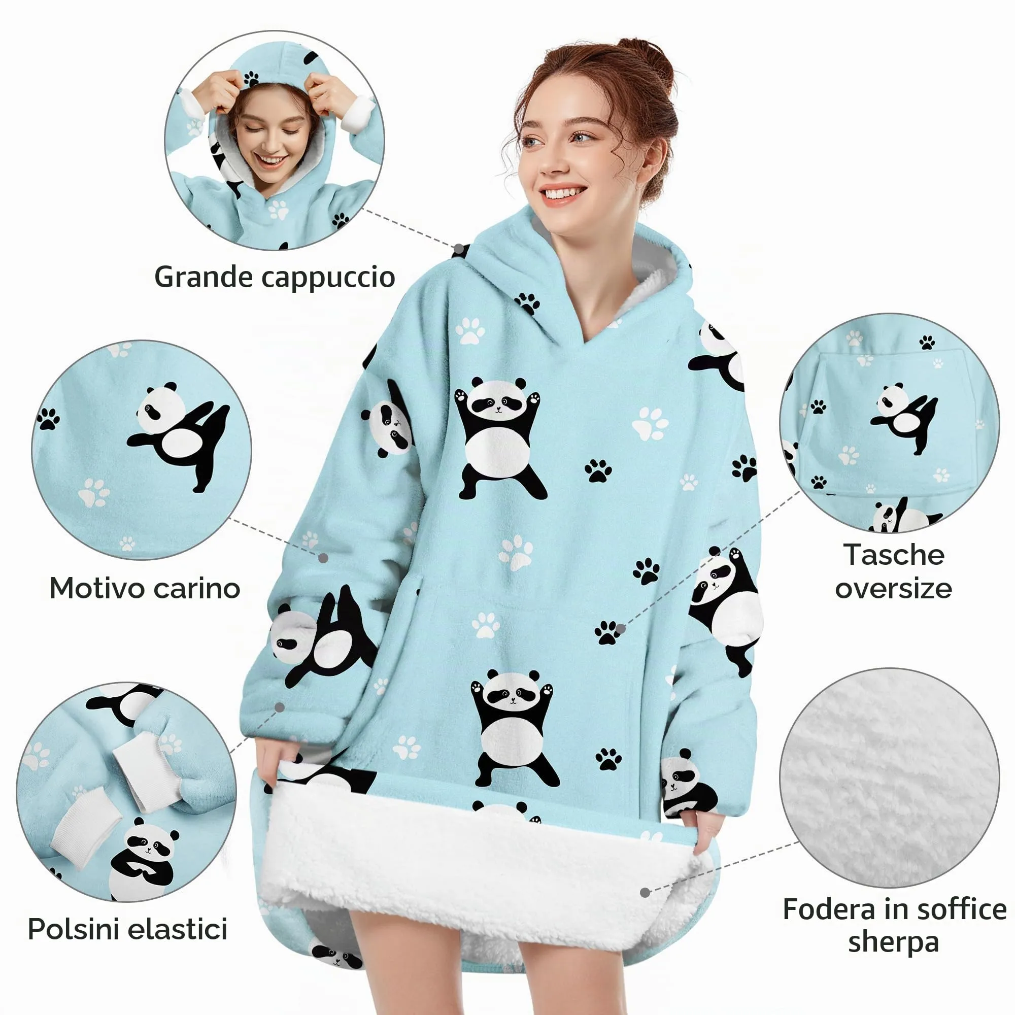 Queenshin Felpa Coperta Indossabile con Cappuccio Panda Blu, Poncho in Pile Sherpa Oversize per Donna e Uomo - immagine 4