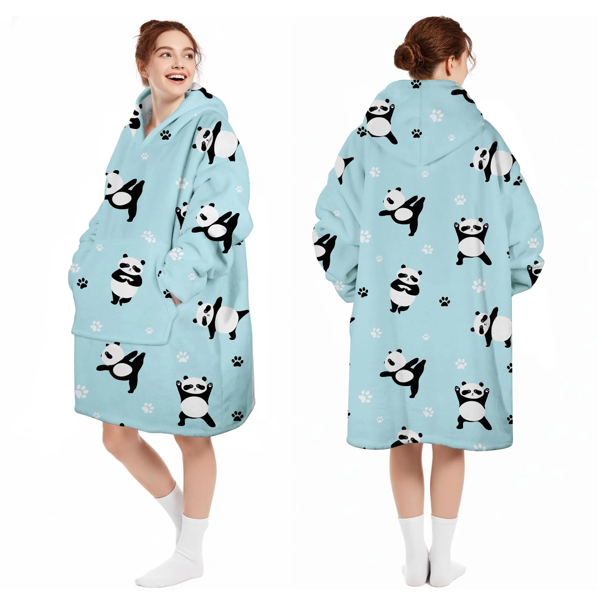 Queenshin Felpa Coperta Indossabile con Cappuccio Panda Blu, Poncho in Pile Sherpa Oversize per Donna e Uomo - immagine 5