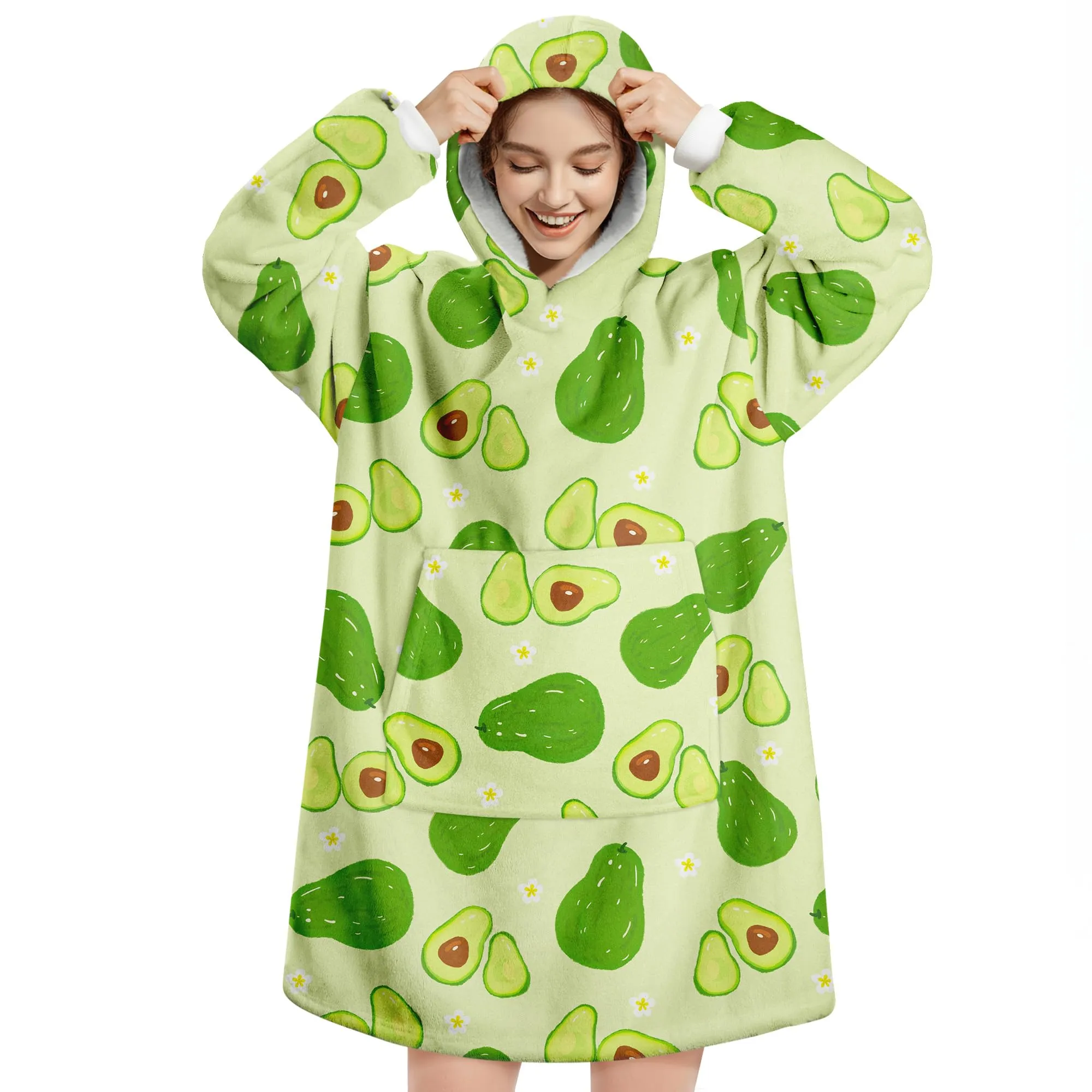 Queenshin Felpa Coperta Indossabile con Cappuccio, Avocado Verde, Pile Sherpa, Taglia Unica - immagine 1