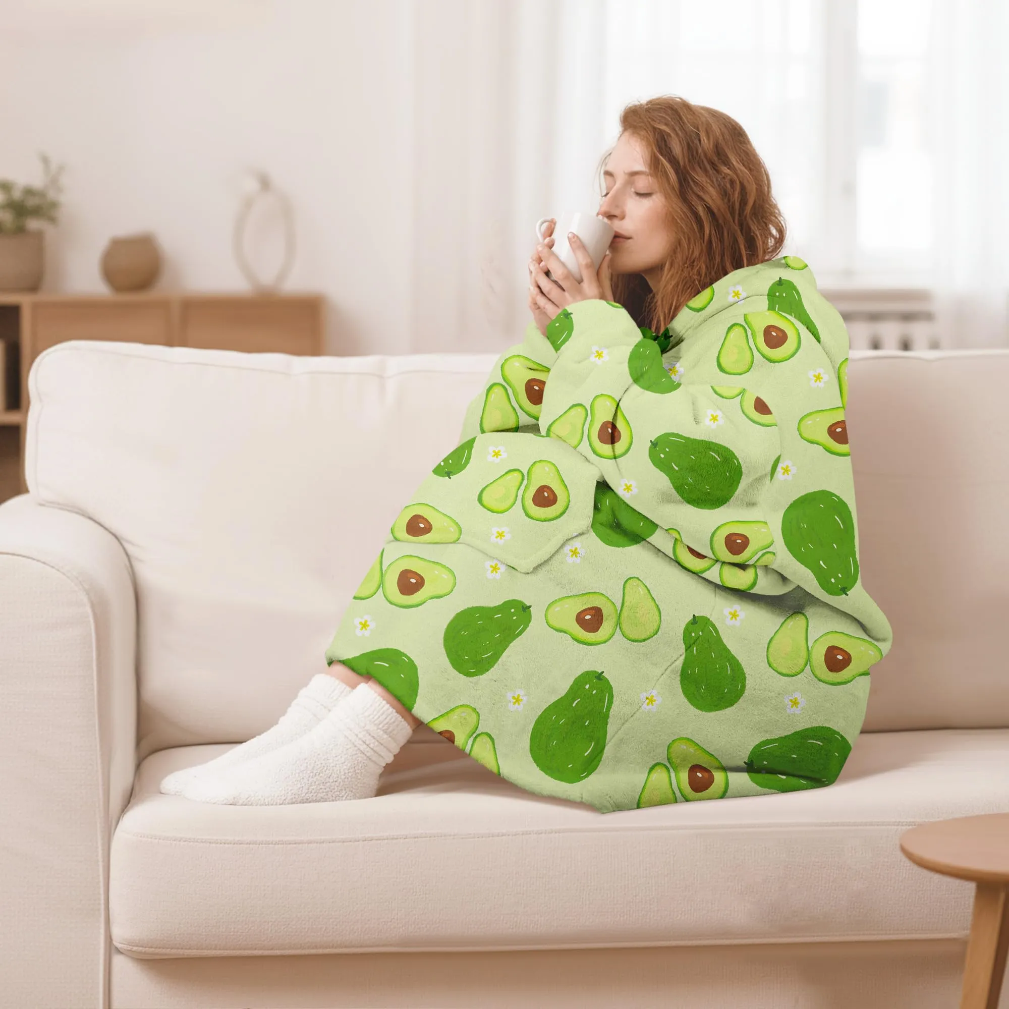 Queenshin Felpa Coperta Indossabile con Cappuccio, Avocado Verde, Pile Sherpa, Taglia Unica - immagine 2