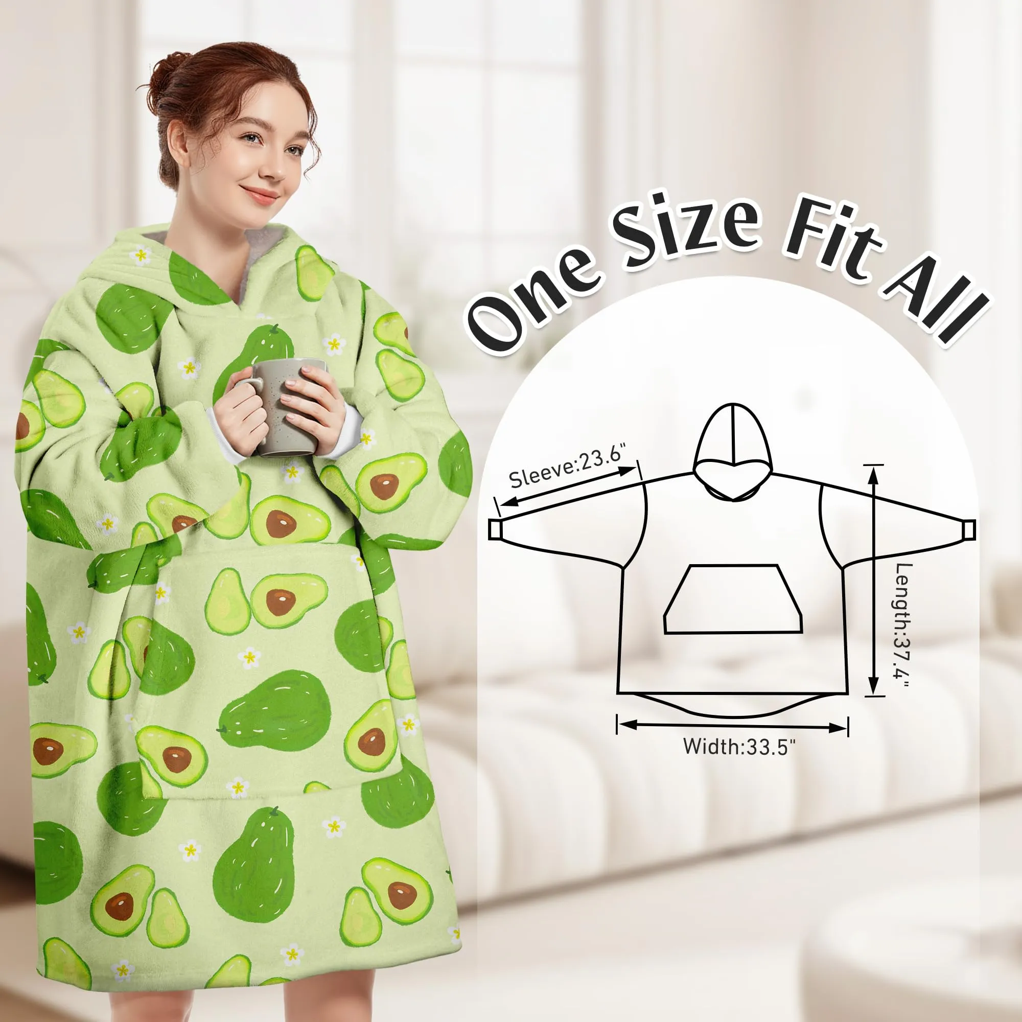Queenshin Felpa Coperta Indossabile con Cappuccio, Avocado Verde, Pile Sherpa, Taglia Unica - immagine 3