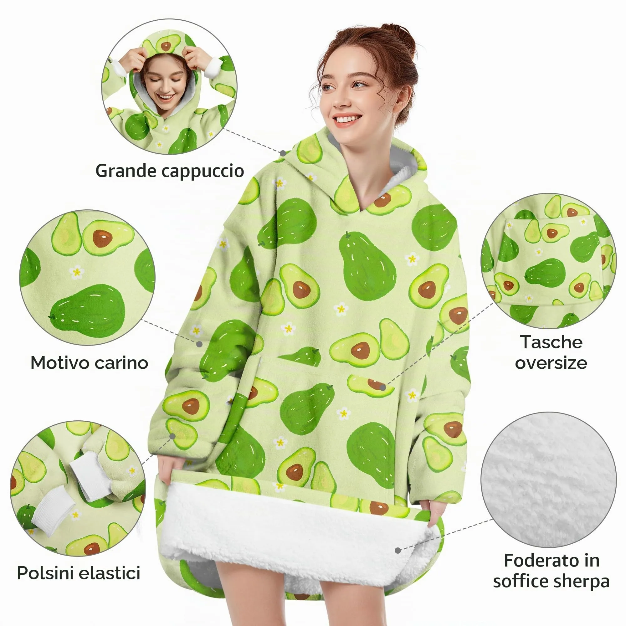 Queenshin Felpa Coperta Indossabile con Cappuccio, Avocado Verde, Pile Sherpa, Taglia Unica - immagine 4