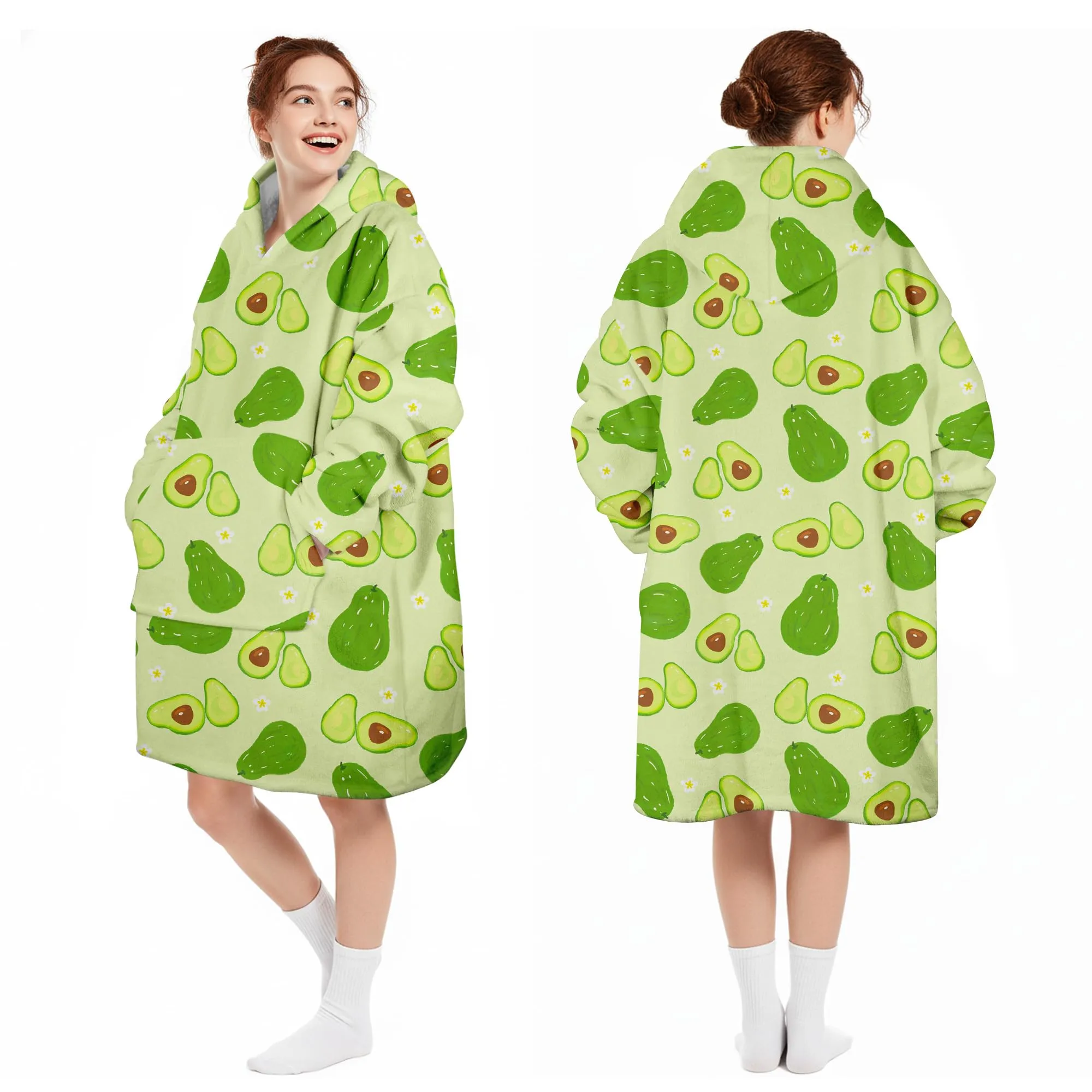 Queenshin Felpa Coperta Indossabile con Cappuccio, Avocado Verde, Pile Sherpa, Taglia Unica - immagine 5