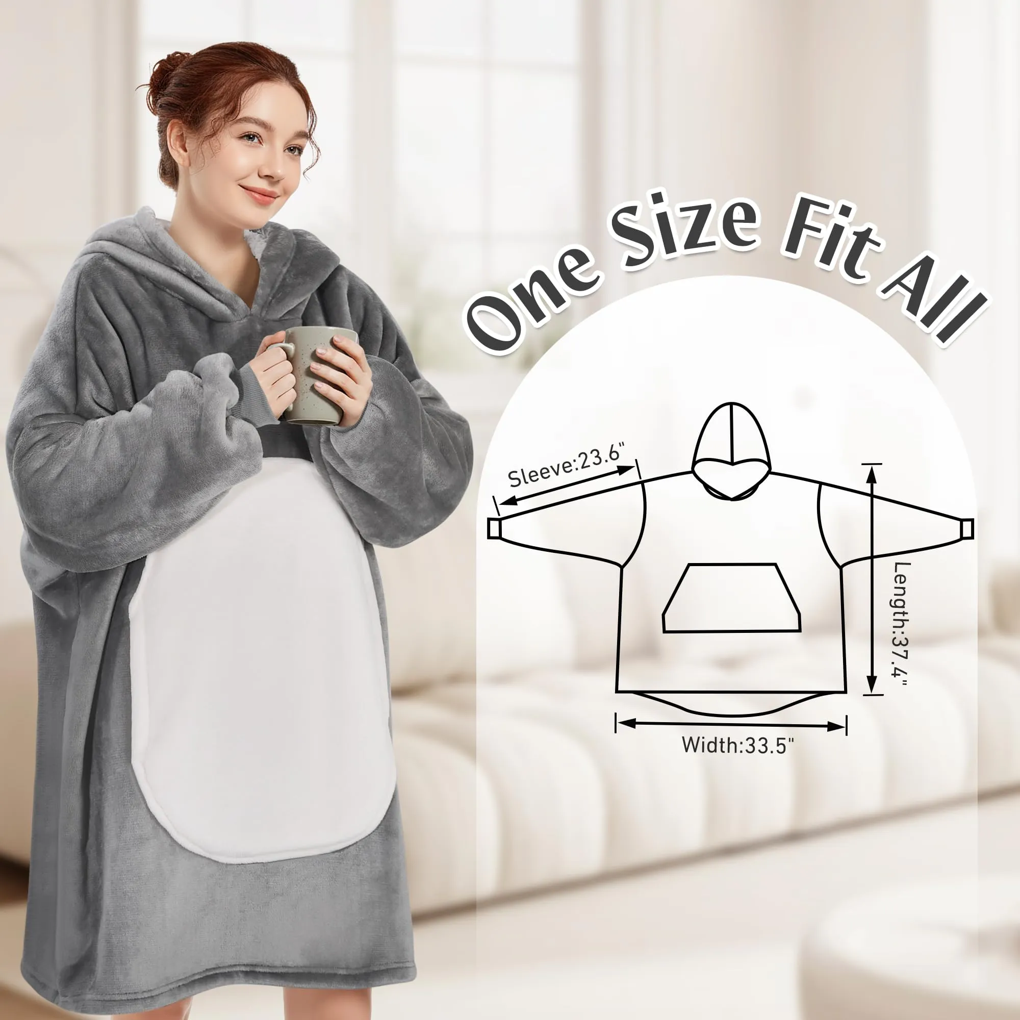 Queenshin Felpa Coperta Indossabile con Cappuccio Koala Grigio, Oversize in Pile Sherpa - immagine 3