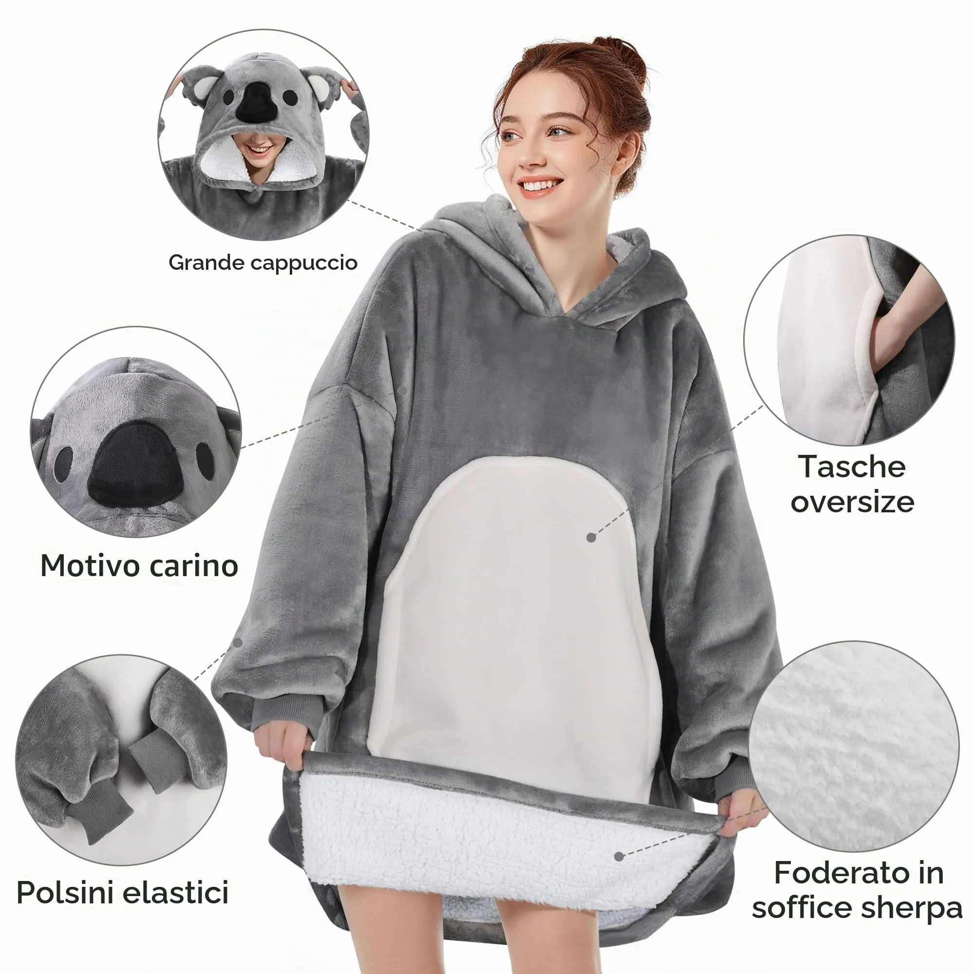 Queenshin Felpa Coperta Indossabile con Cappuccio Koala Grigio, Oversize in Pile Sherpa - immagine 4