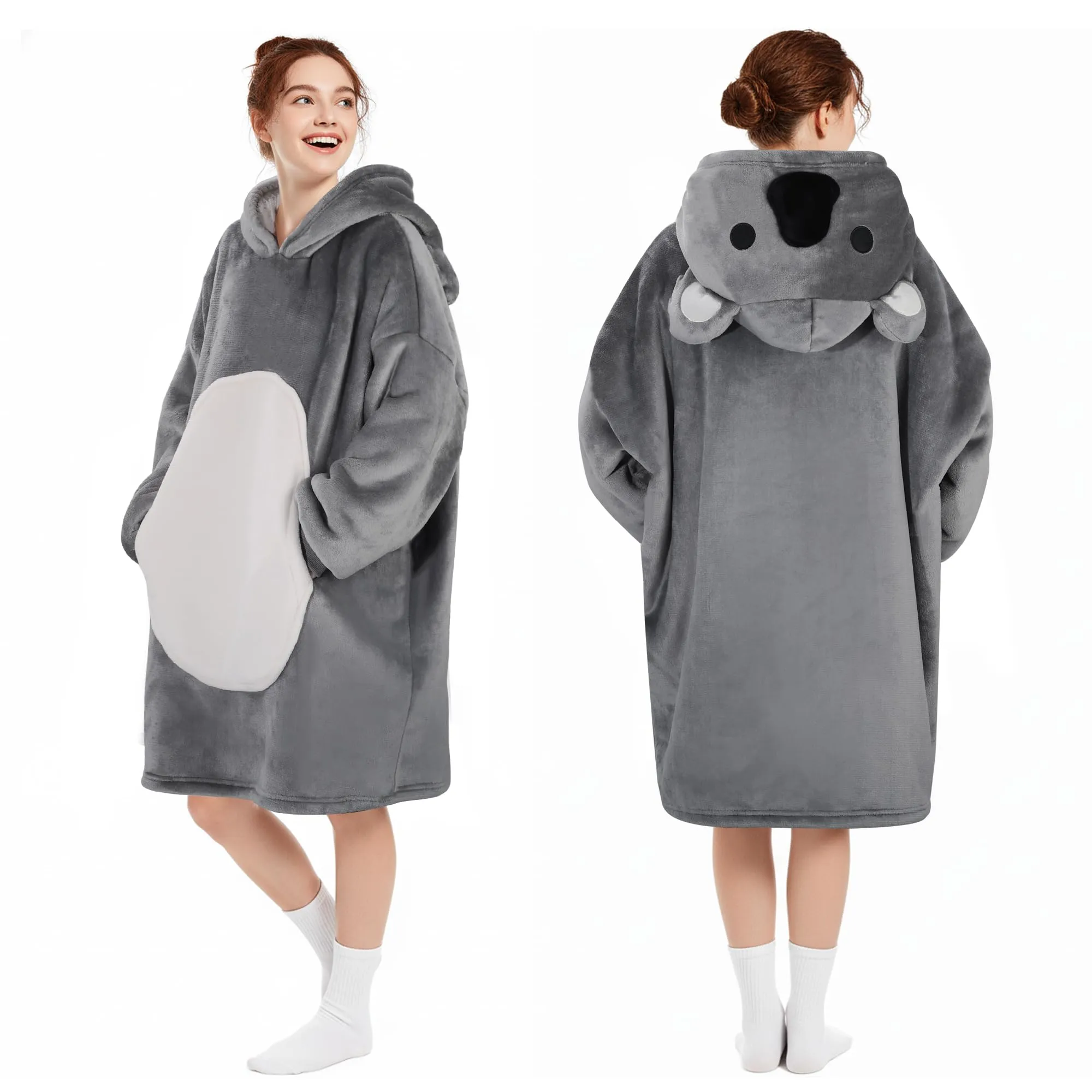 Queenshin Felpa Coperta Indossabile con Cappuccio Koala Grigio, Oversize in Pile Sherpa - immagine 5