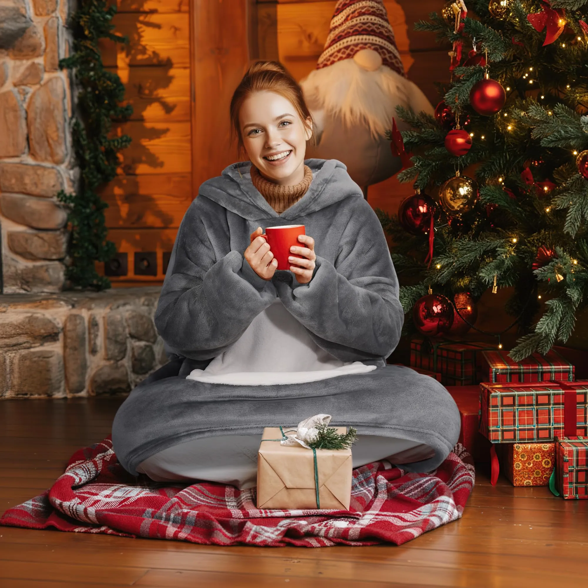 Queenshin Felpa Coperta Indossabile con Cappuccio Koala Grigio, Oversize in Pile Sherpa - immagine 7