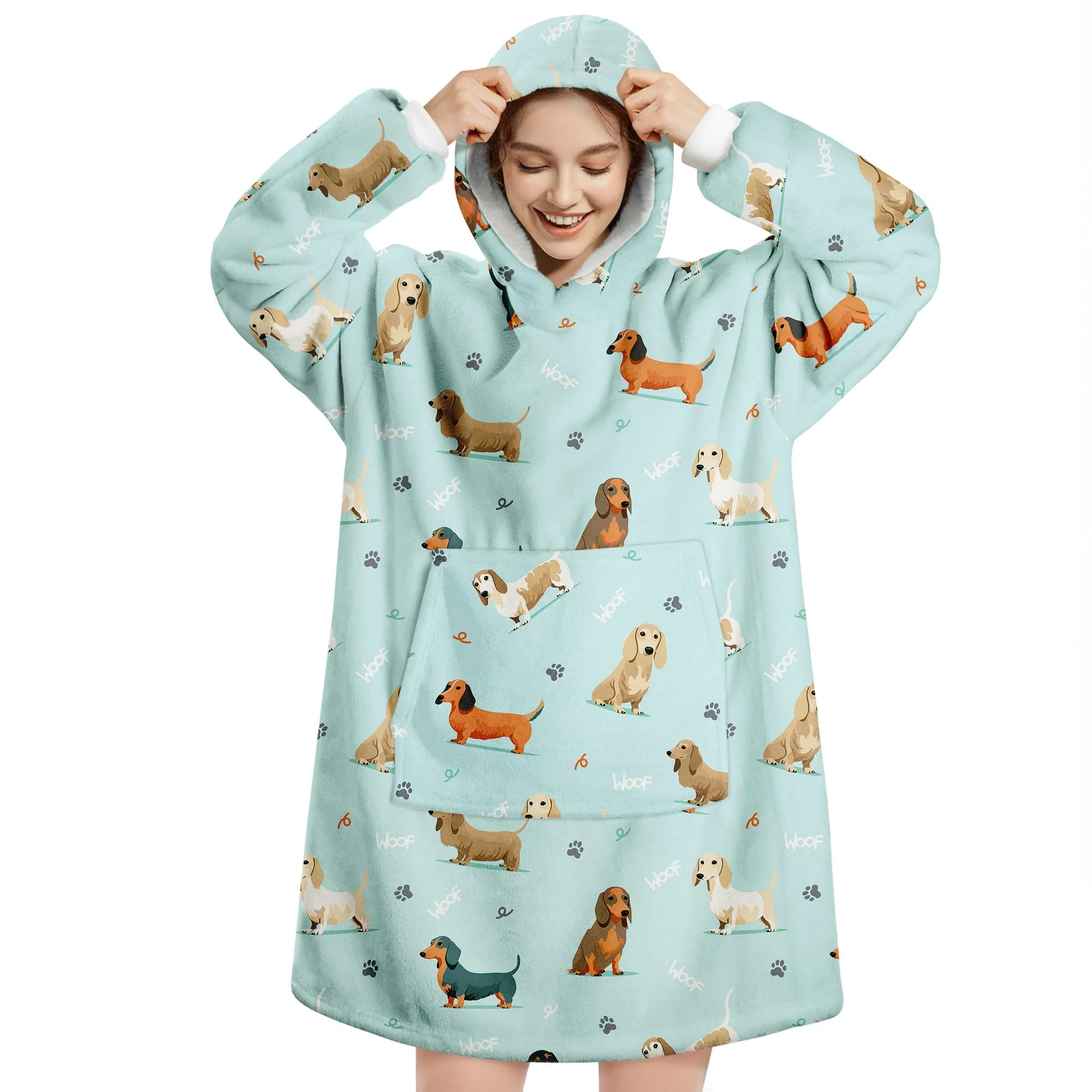 Queenshin Felpa Coperta Indossabile con Cappuccio Bassotto Blu, Oversize in Pile Sherpa Unisex - immagine 1