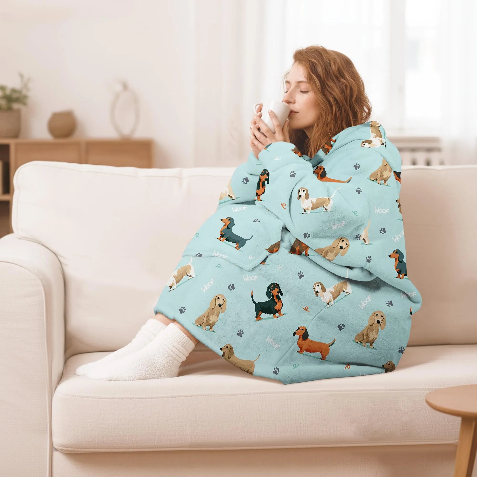 Queenshin Felpa Coperta Indossabile con Cappuccio Bassotto Blu, Oversize in Pile Sherpa Unisex - immagine 2