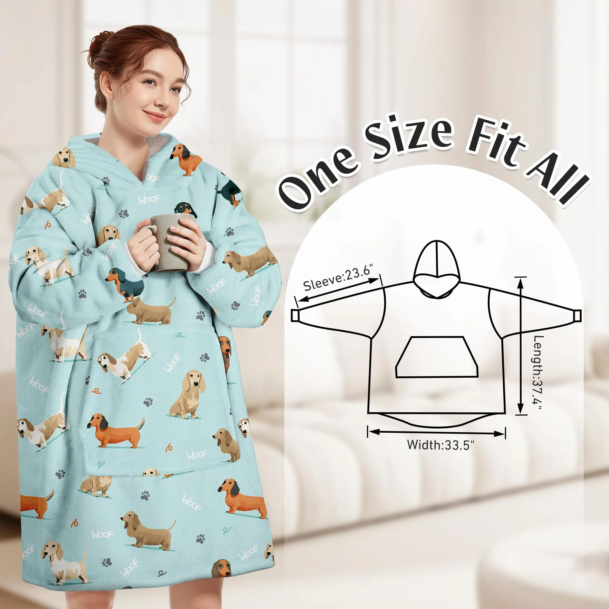 Queenshin Felpa Coperta Indossabile con Cappuccio Bassotto Blu, Oversize in Pile Sherpa Unisex - immagine 3