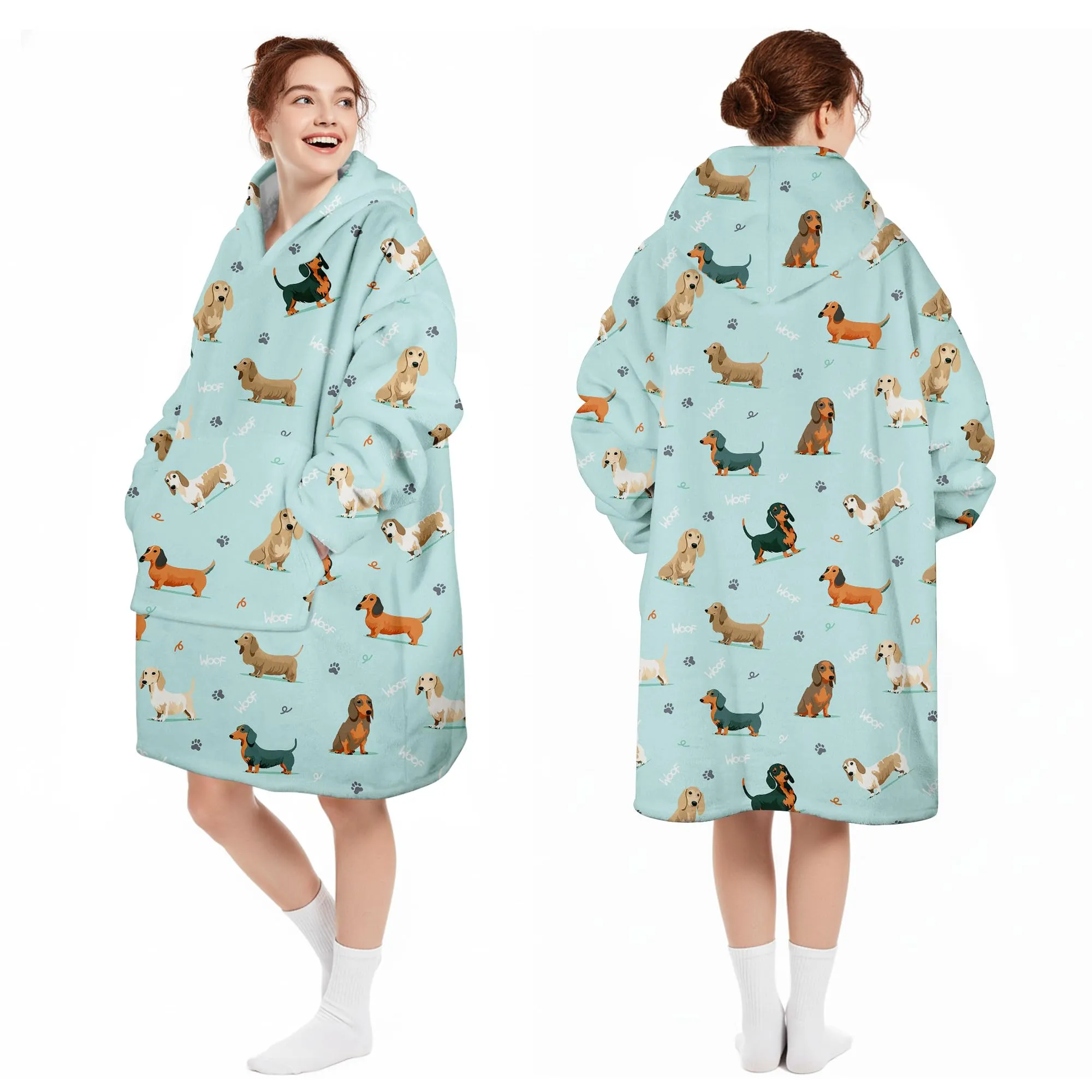 Queenshin Felpa Coperta Indossabile con Cappuccio Bassotto Blu, Oversize in Pile Sherpa Unisex - immagine 5