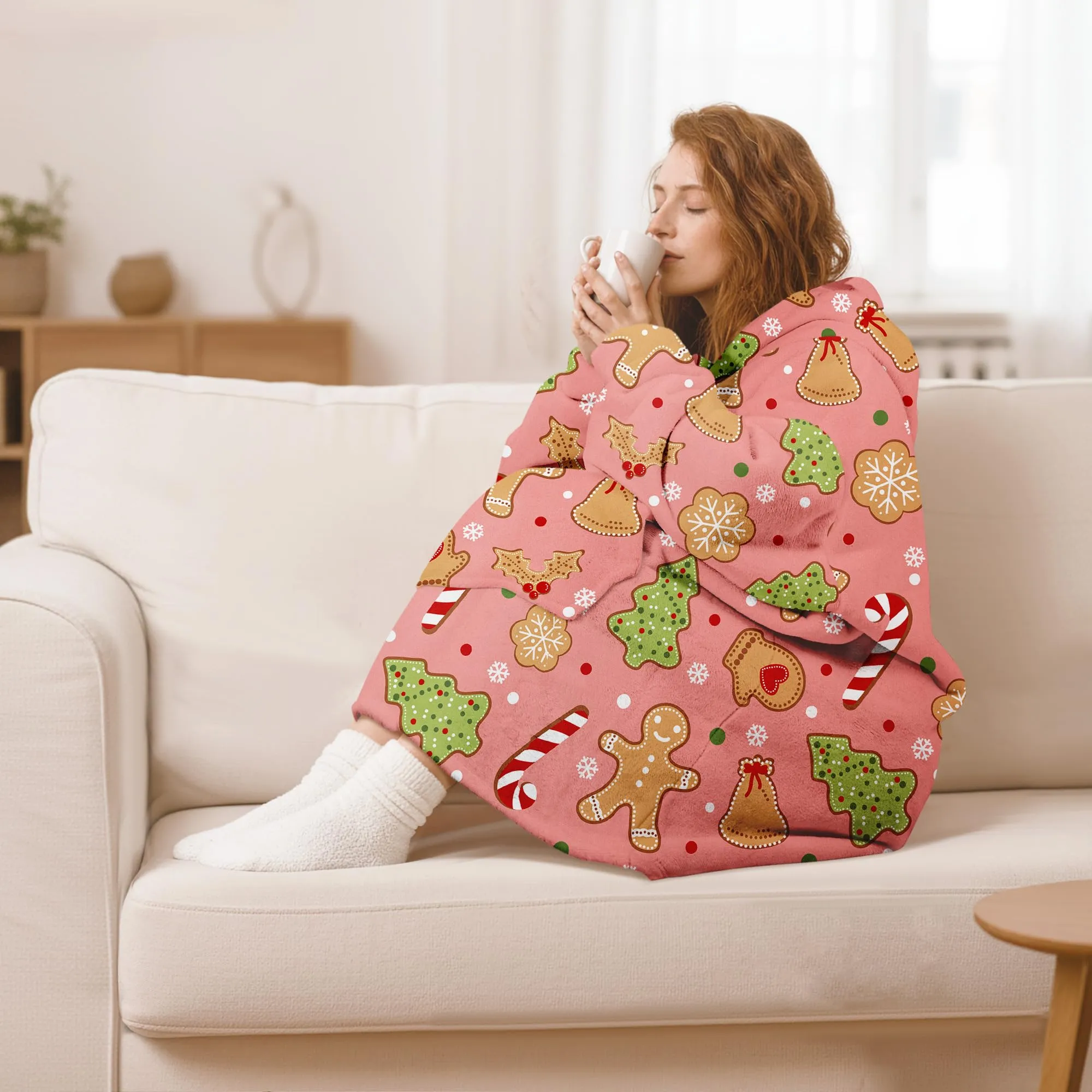 Queenshin Felpa Coperta Indossabile con Cappuccio, Omino di Pan di Zenzero Rosa, Pile Sherpa Oversize - immagine 2