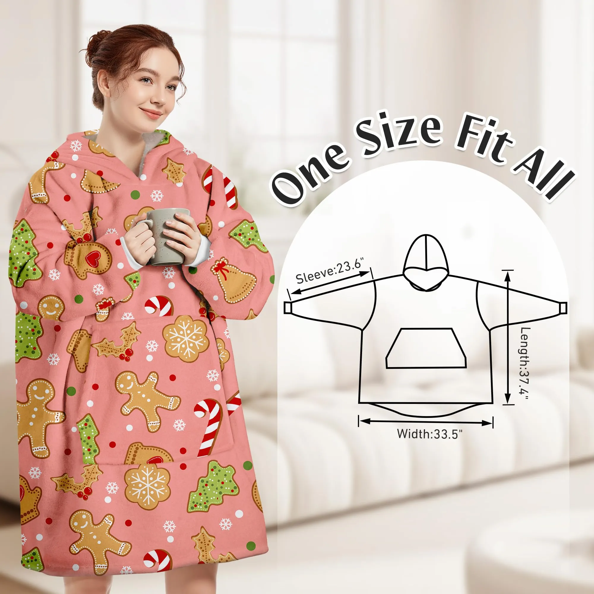 Queenshin Felpa Coperta Indossabile con Cappuccio, Omino di Pan di Zenzero Rosa, Pile Sherpa Oversize - immagine 3