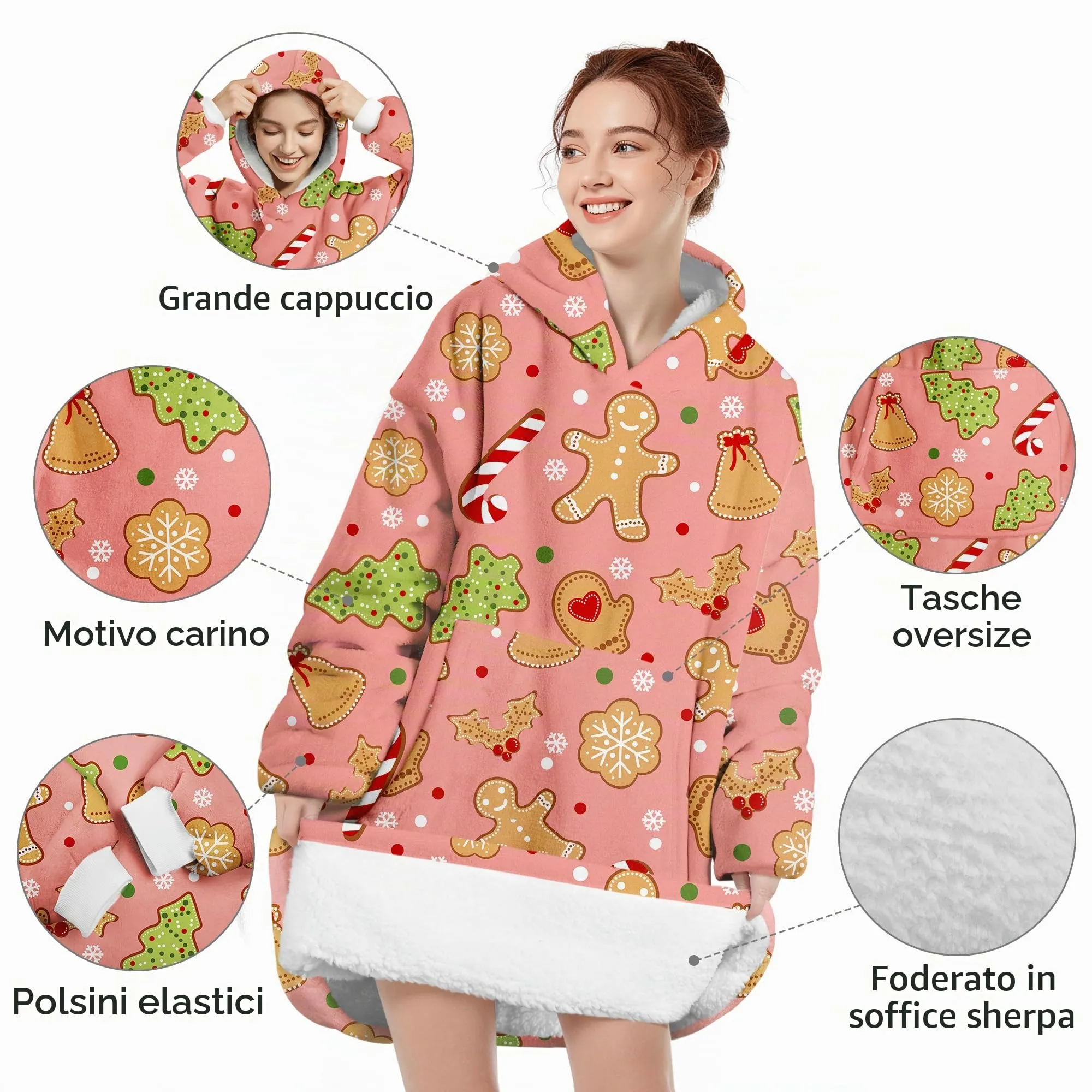 Queenshin Felpa Coperta Indossabile con Cappuccio, Omino di Pan di Zenzero Rosa, Pile Sherpa Oversize - immagine 4