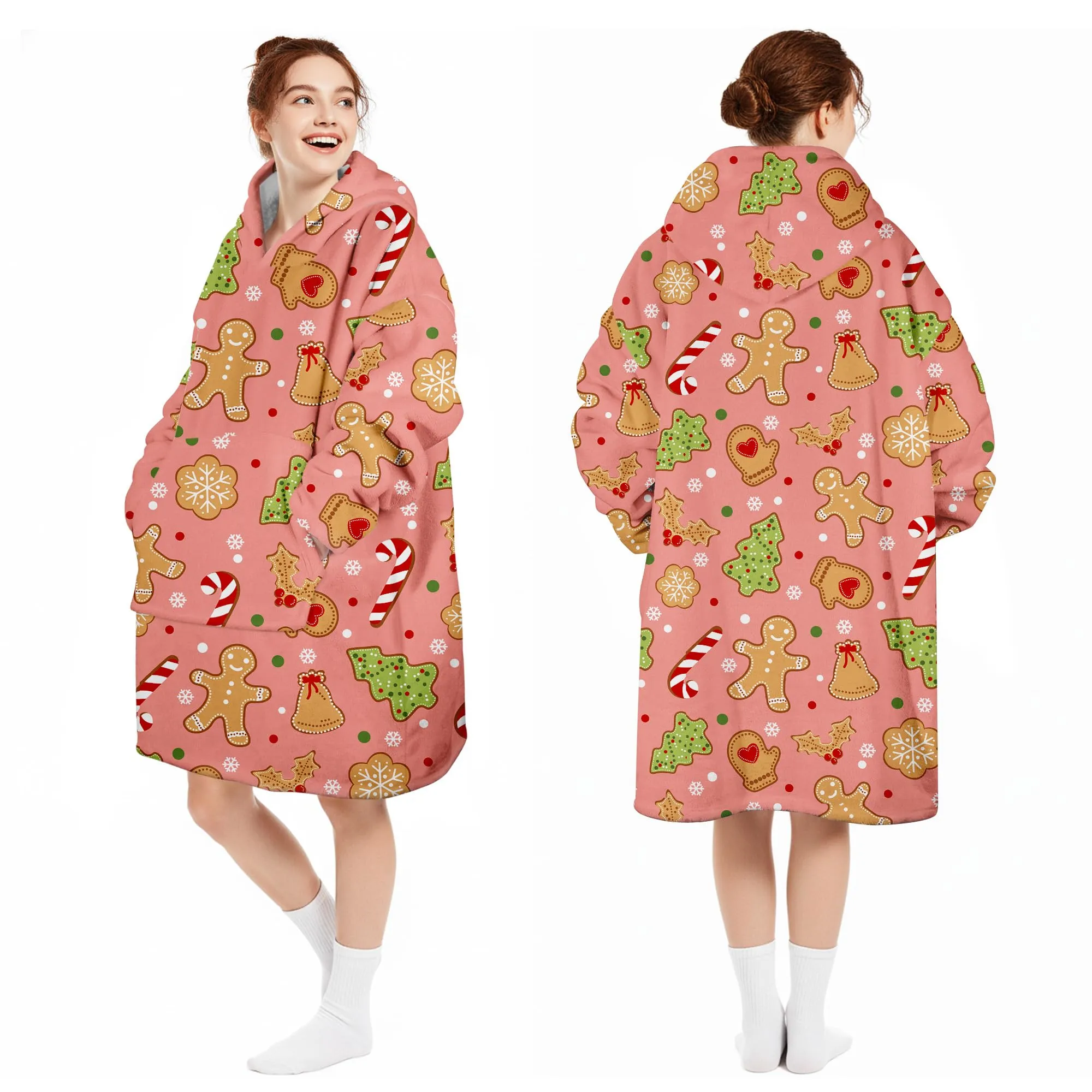 Queenshin Felpa Coperta Indossabile con Cappuccio, Omino di Pan di Zenzero Rosa, Pile Sherpa Oversize - immagine 5
