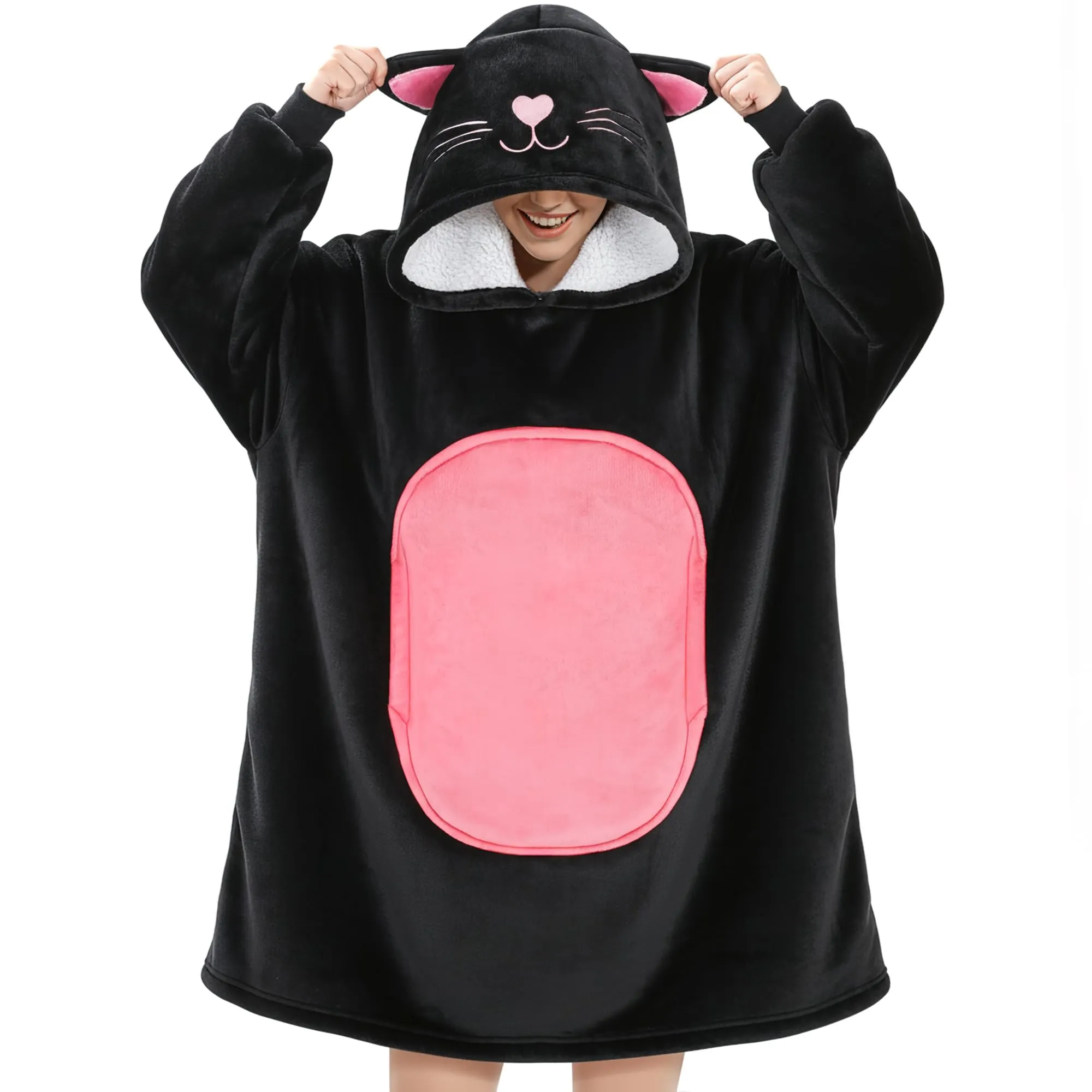 Queenshin Felpa Coperta Indossabile con Cappuccio Gatto Nero, Poncho in Pile Sherpa Unisex - immagine 1