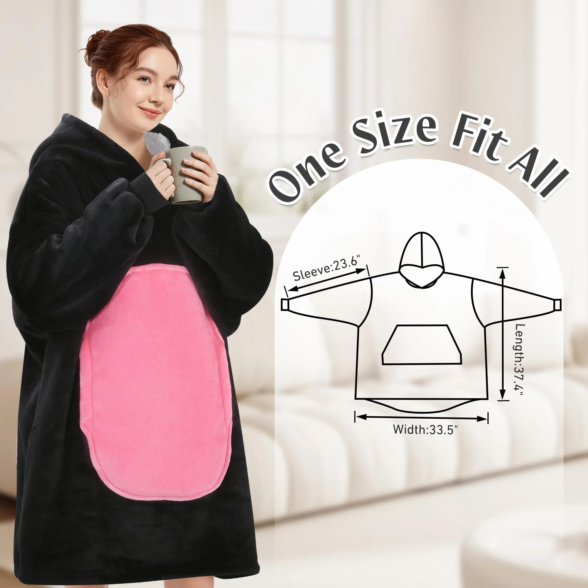 Queenshin Felpa Coperta Indossabile con Cappuccio Gatto Nero, Poncho in Pile Sherpa Unisex - immagine 3